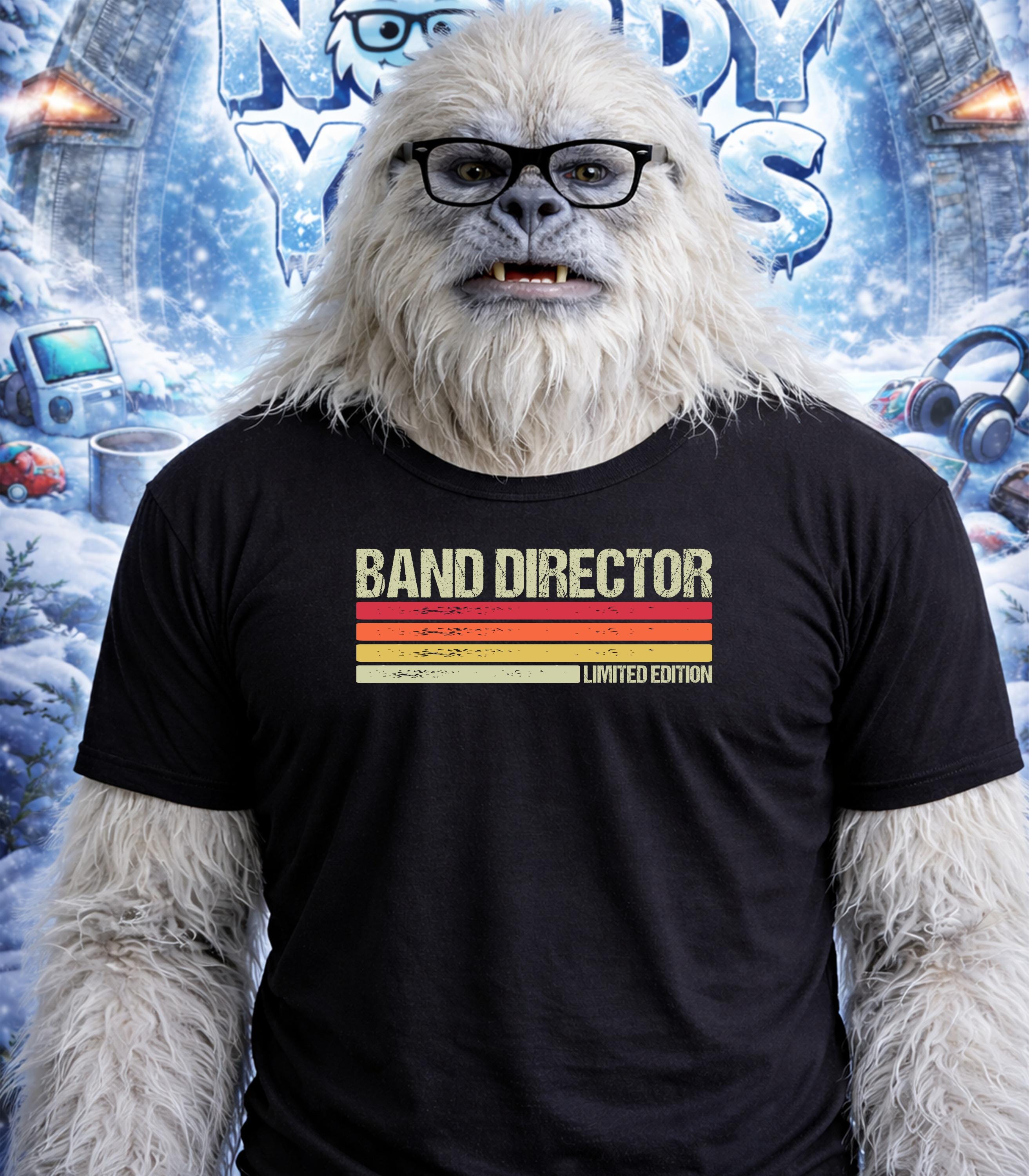 Yeti wearing black t-shirt with "Band Director" and "Limited Edition" text.