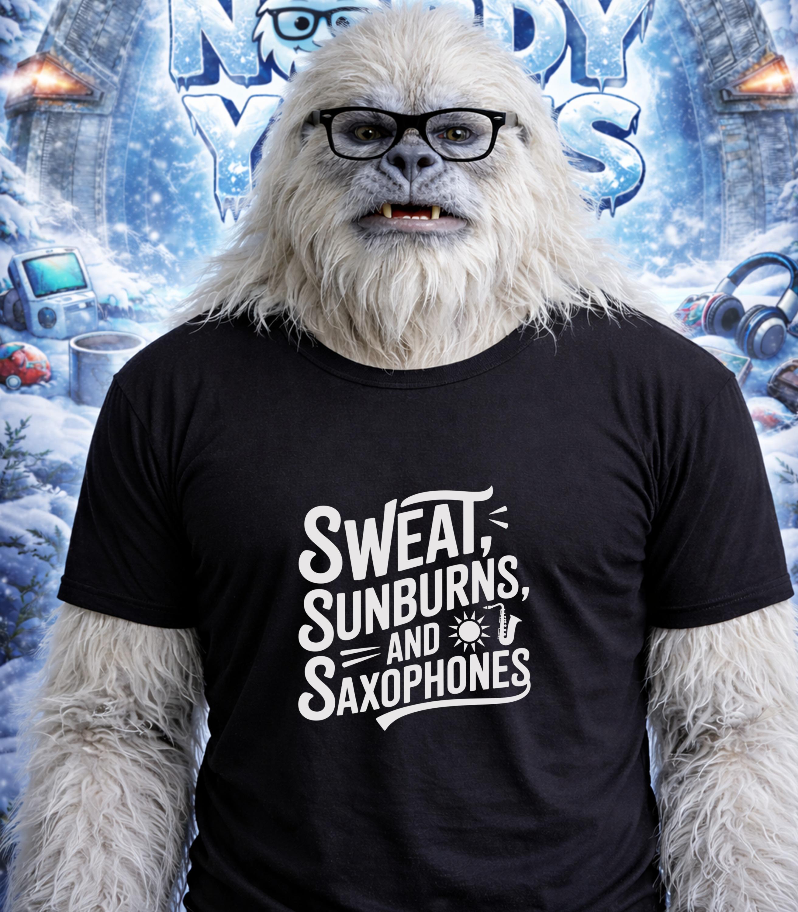 Yeti wearing glasses and a t-shirt that says "Sweat, Sunburns, and Saxophones."