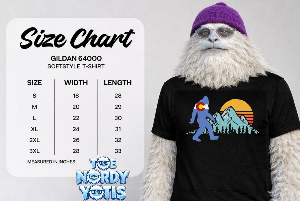 Gildan 64000 Softstyle T-shirt size chart with Bigfoot graphic.