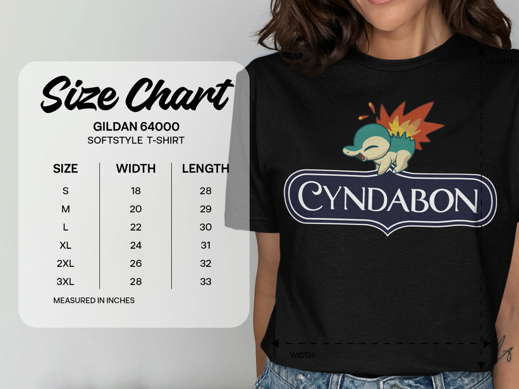 Gildan 64000 Softstyle t-shirt size chart with Cyndabon graphic.