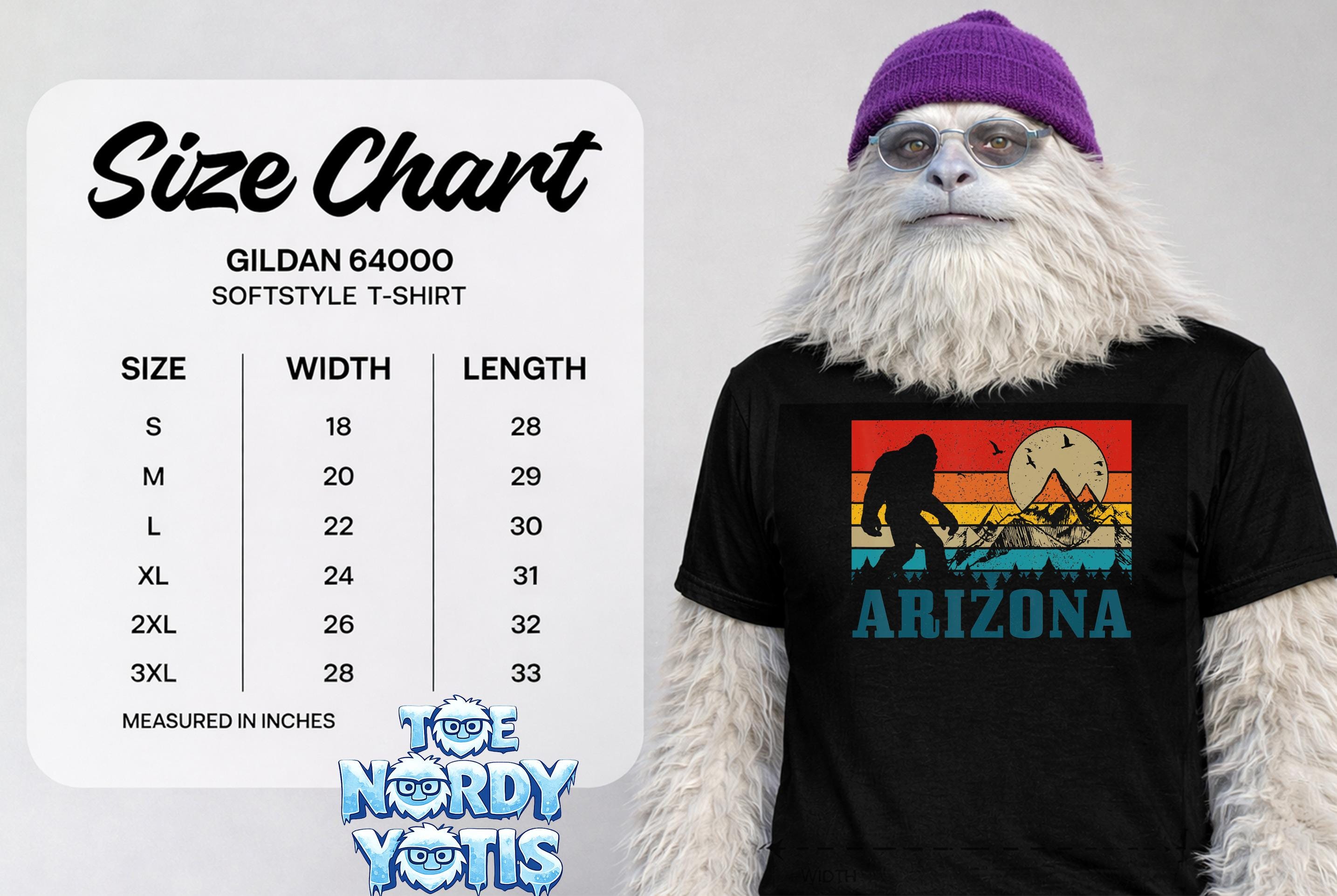 Size chart for Gildan 64000 T-shirt with Bigfoot silhouette and Arizona text.