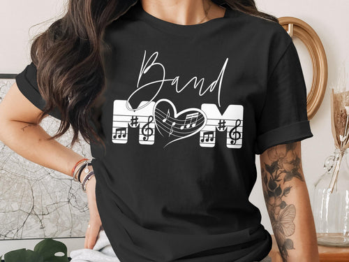 Black t-shirt with "Band Mom" text and musical notes forming a heart.
