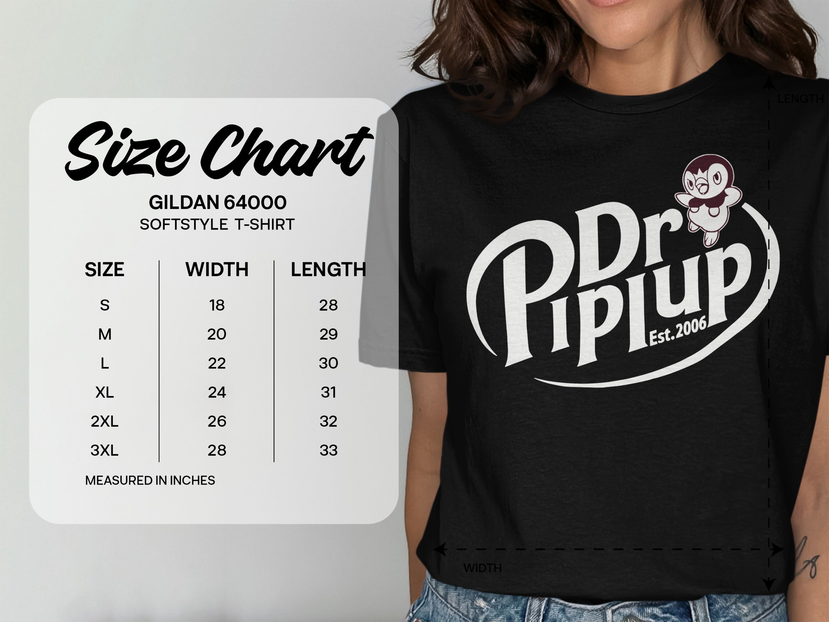 Gildan 64000 softstyle t-shirt size chart with measurements in inches.