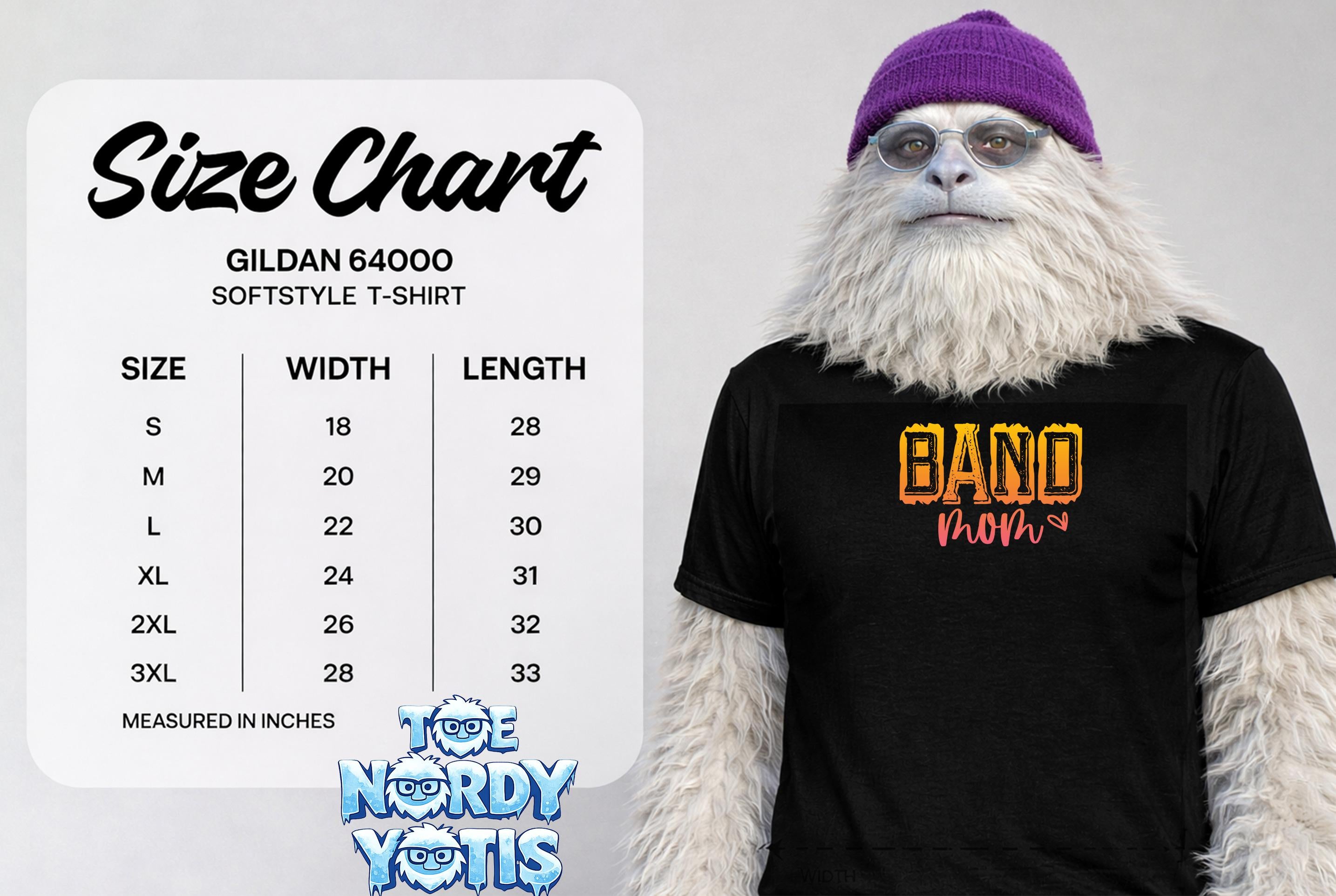 Gildan 64000 Softstyle T-shirt size chart with band mom graphic.