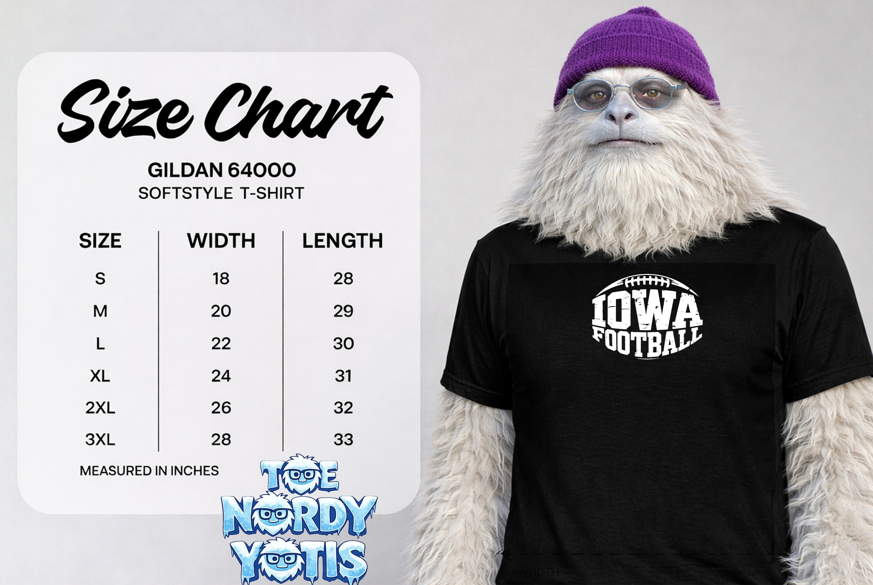 Iowa Football Gildan 64000 Softstyle T-Shirt size chart with measurements.