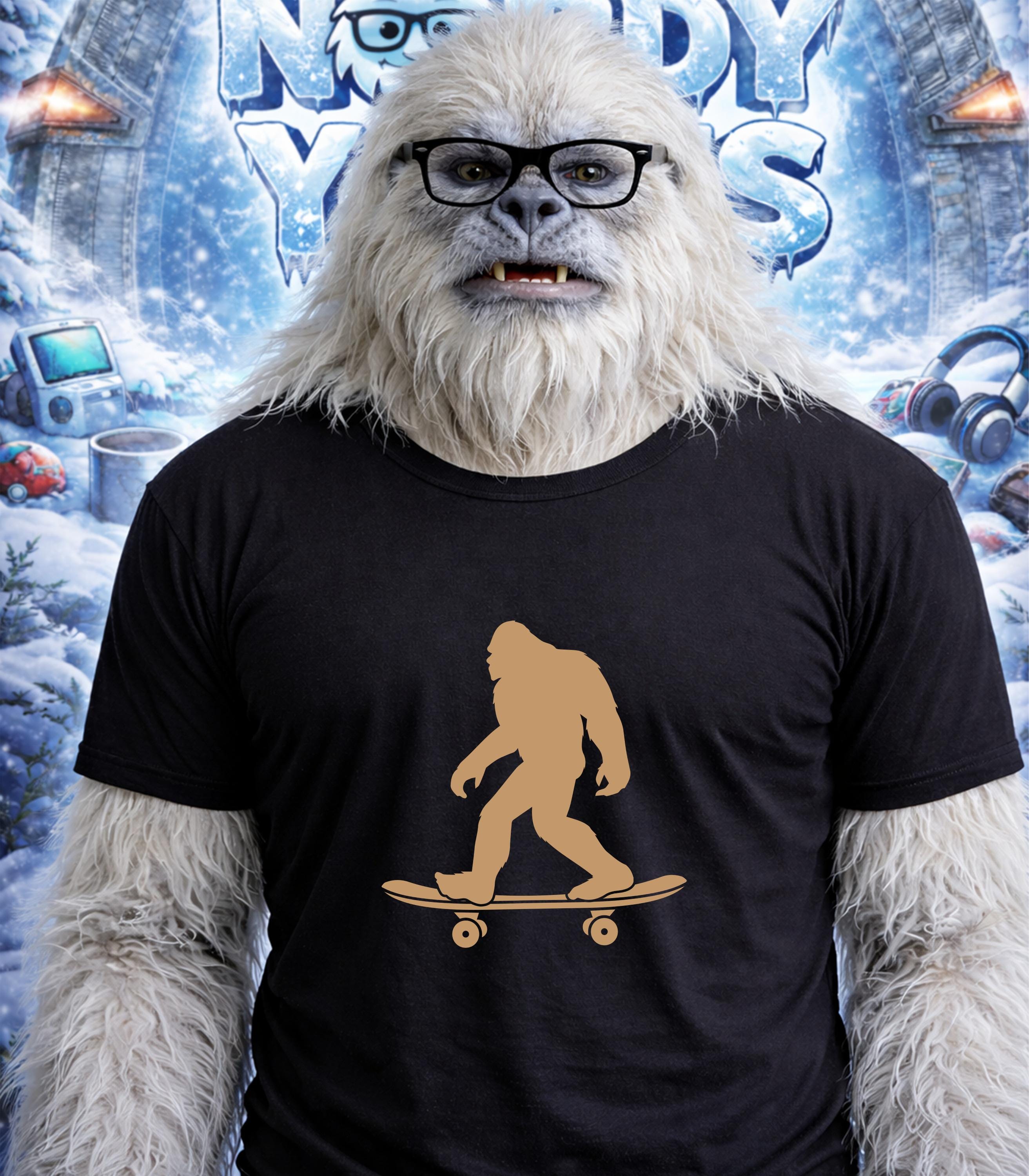 Yeti wearing glasses and a t-shirt with a skateboarding silhouette.