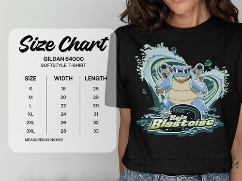Gildan 64000 Softstyle T-shirt size chart with Blastoid character illustration.