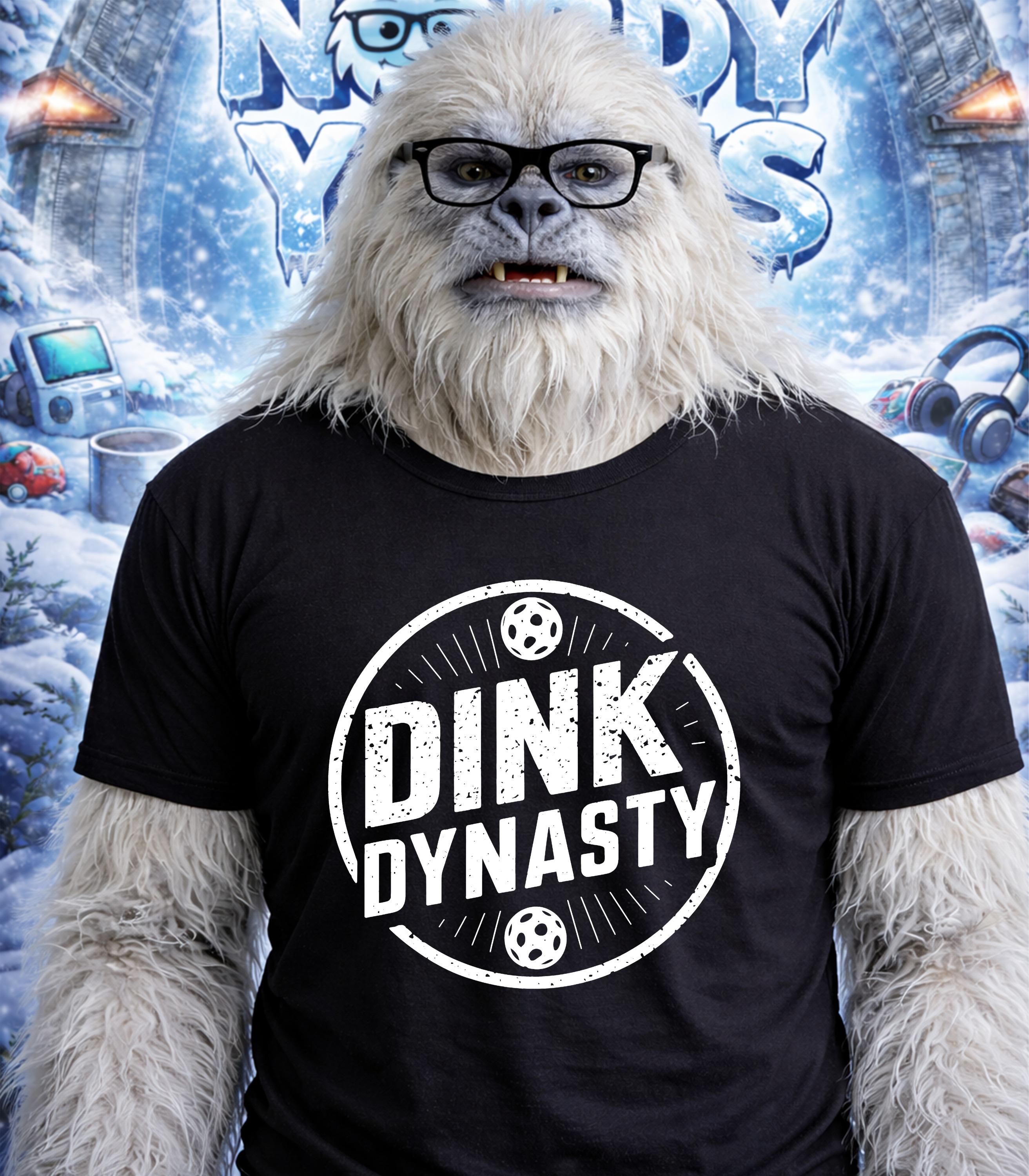 Yeti wearing glasses and a "Dink Dynasty" t-shirt.