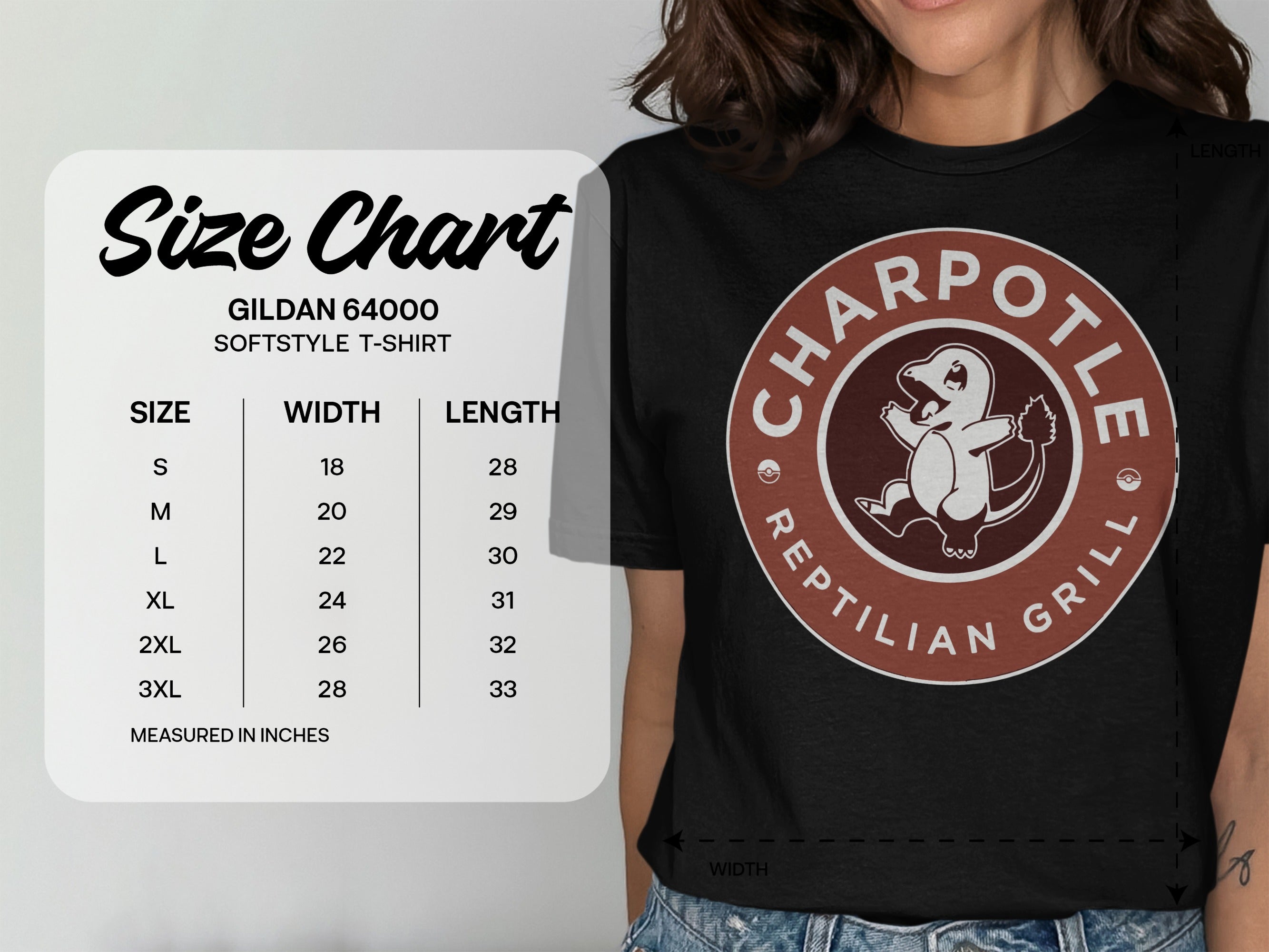 Gildan 64000 softstyle t-shirt size chart with measurements.