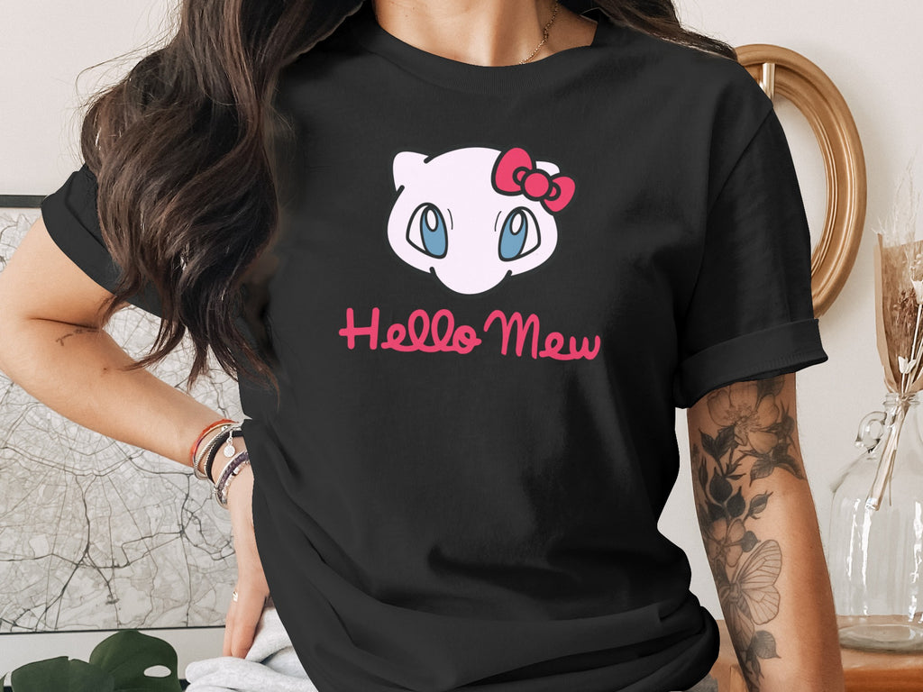 Black t-shirt with "Hello Mew" and a Hello Kitty-like character.