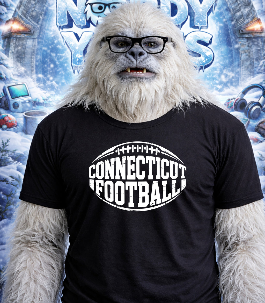 Yeti wearing glasses and a black t-shirt with "CONNECTICUT FOOTBALL" text.