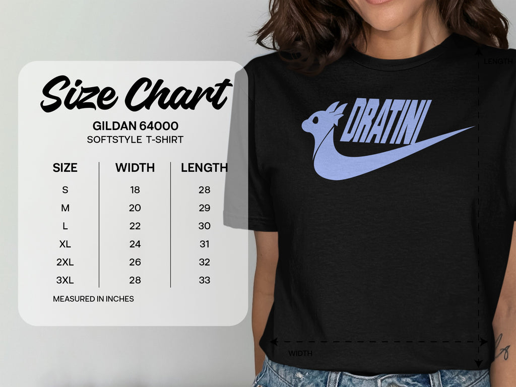 Gildan 64000 softstyle t-shirt size chart with measurements in inches.