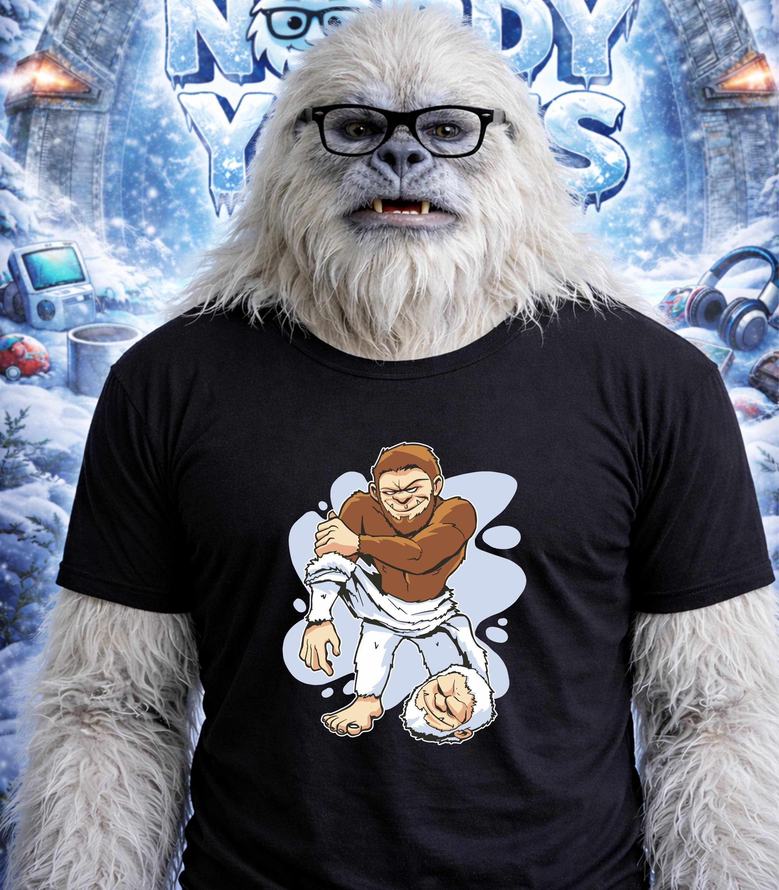 Yeti wearing glasses and a t-shirt with cartoon Bigfoot holding a snowball.