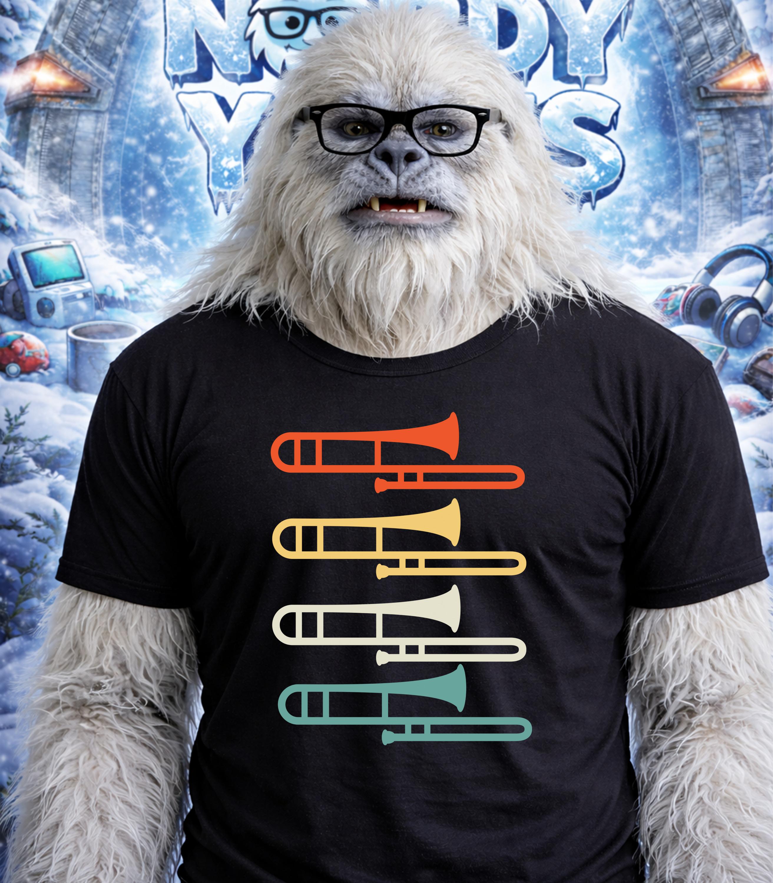 Yeti wearing glasses and a black t-shirt with cartoon trombones.