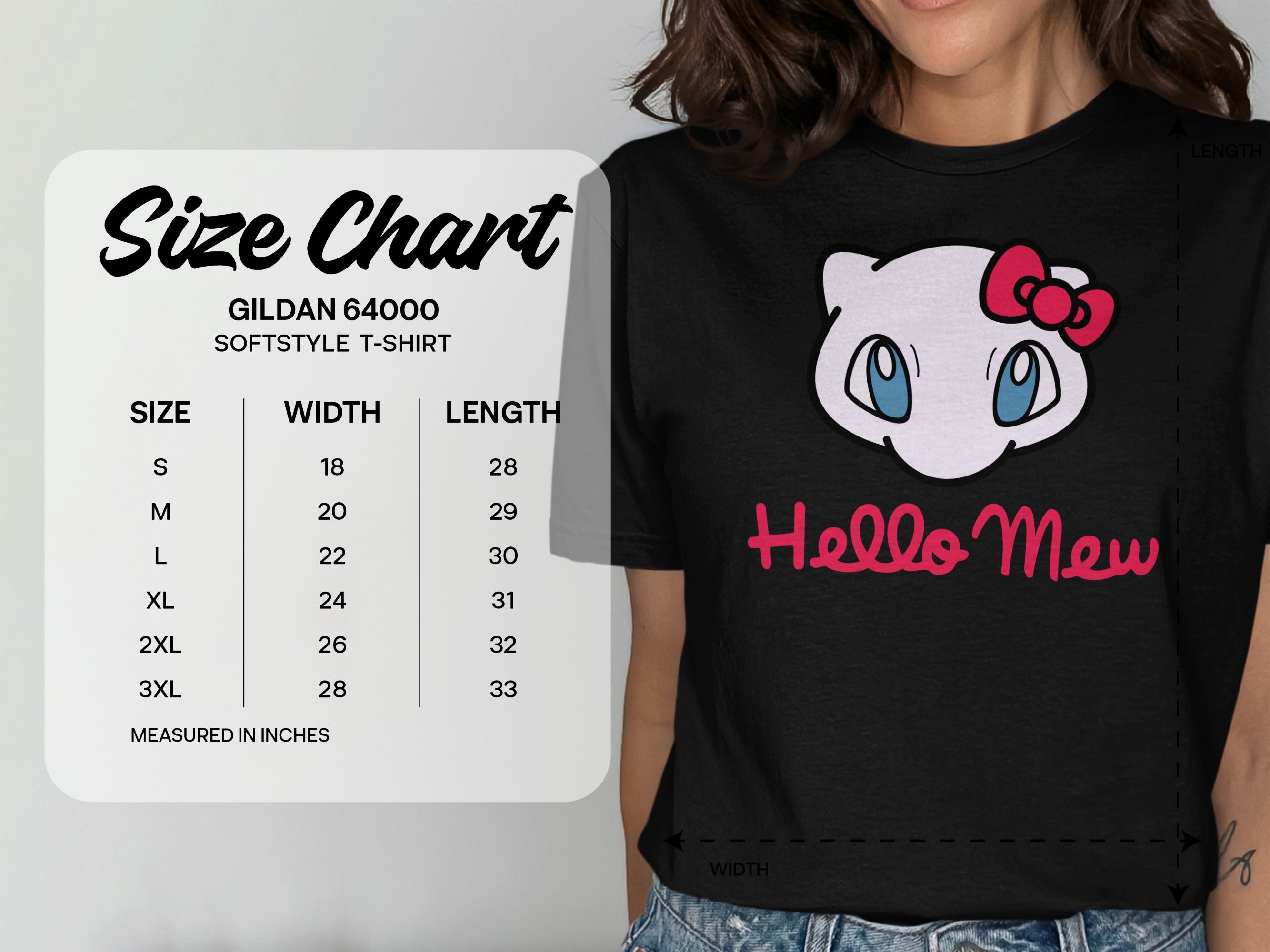 Gildan 64000 softstyle t-shirt size chart with Hello Mew graphic.