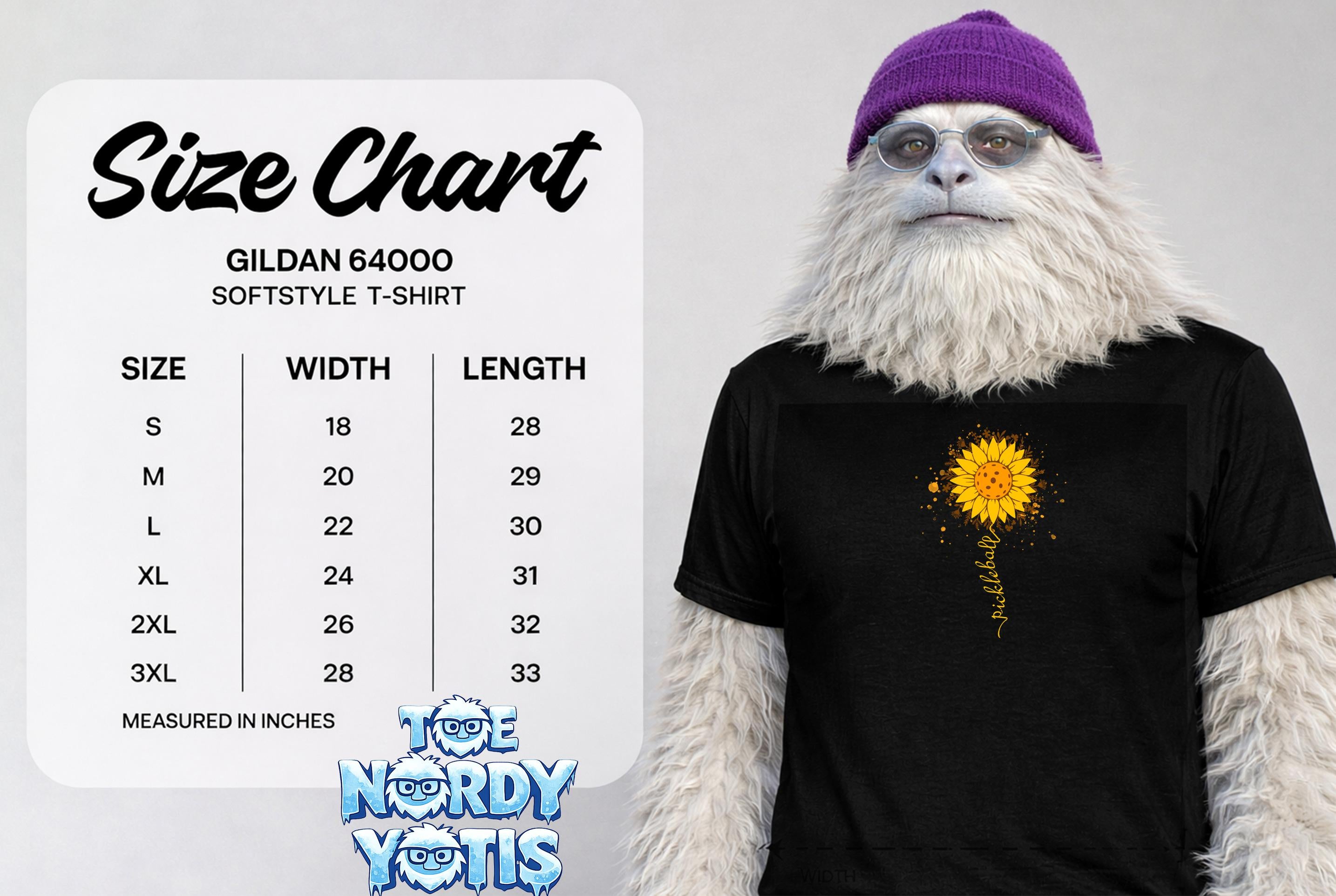 Gildan 64000 softstyle t-shirt size chart with width and length measurements.