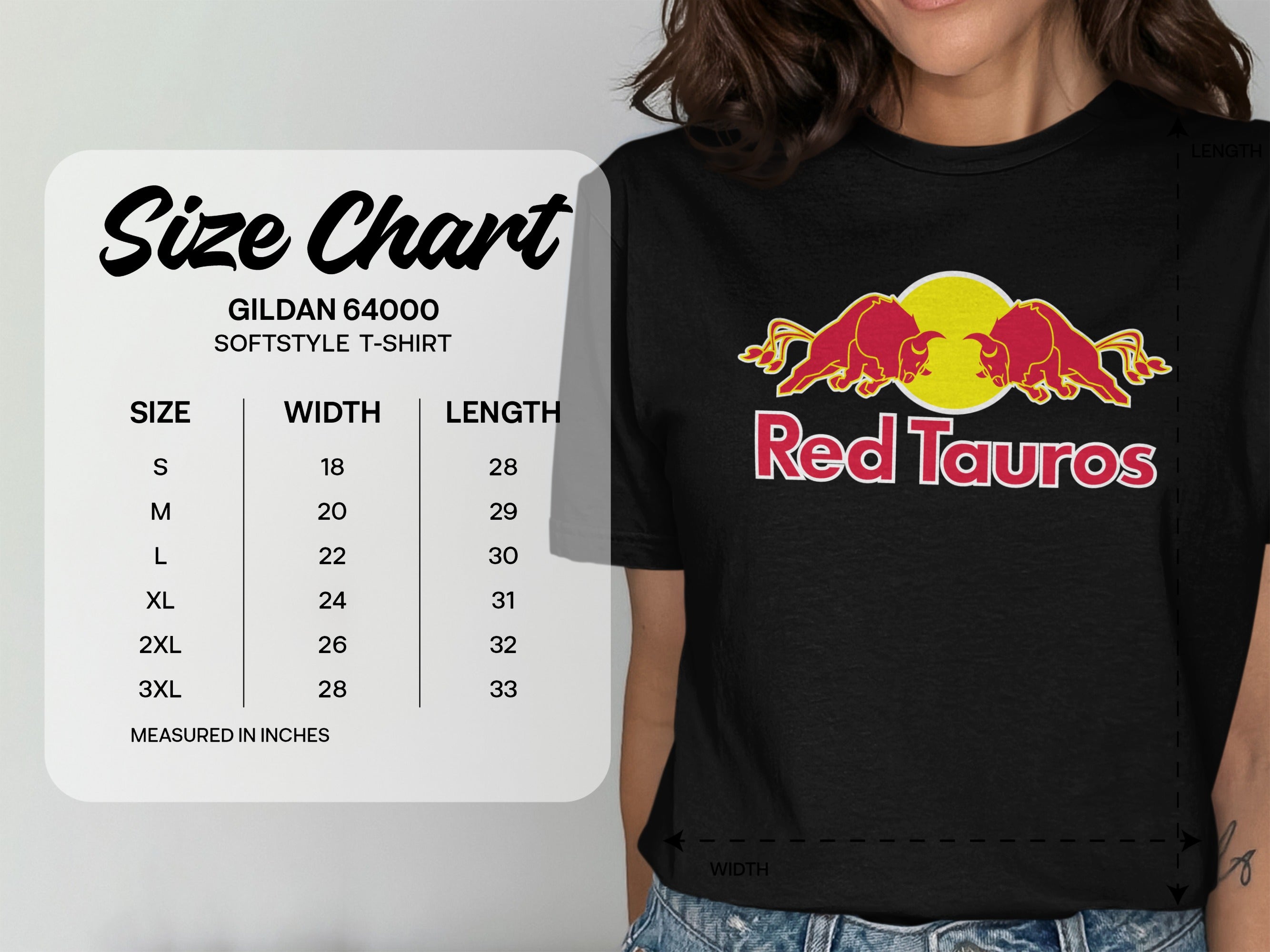 Gildan 64000 Softstyle t-shirt size chart with measurements.