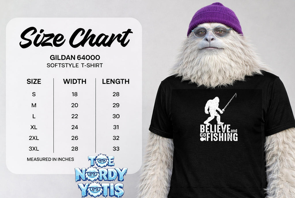 Gildan 64000 softstyle t-shirt size chart with width and length measurements.