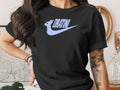 Black t-shirt with a light blue stylized rabbit and swoosh logo.