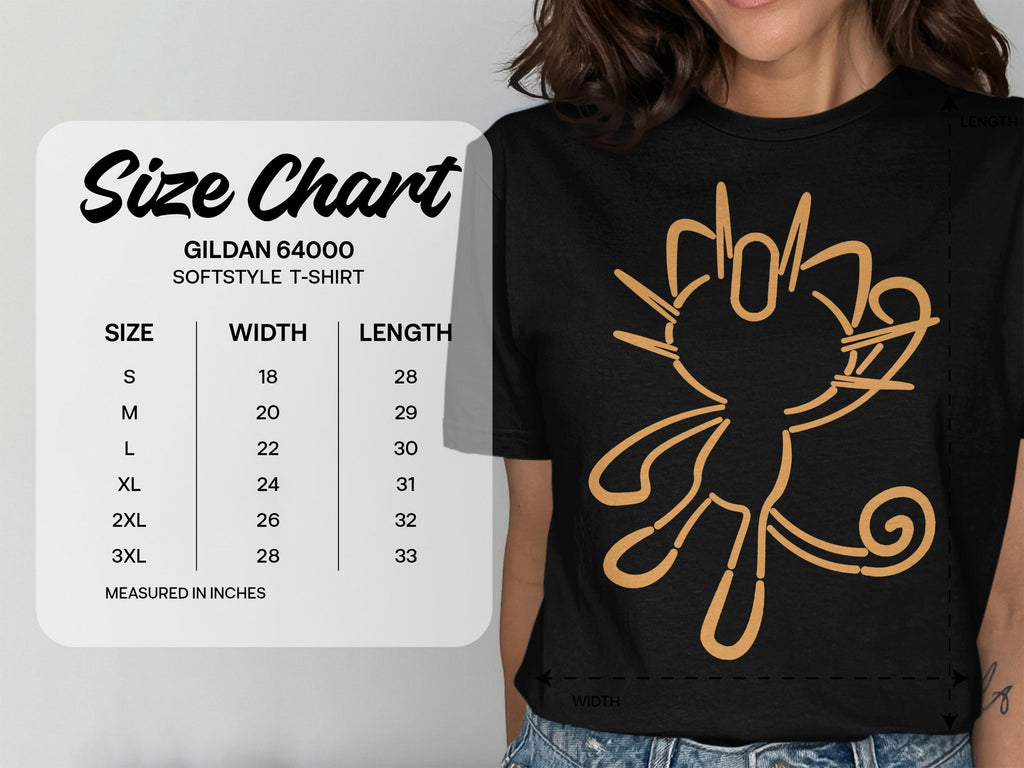 Gildan 64000 t-shirt size chart for men, S to 3XL.