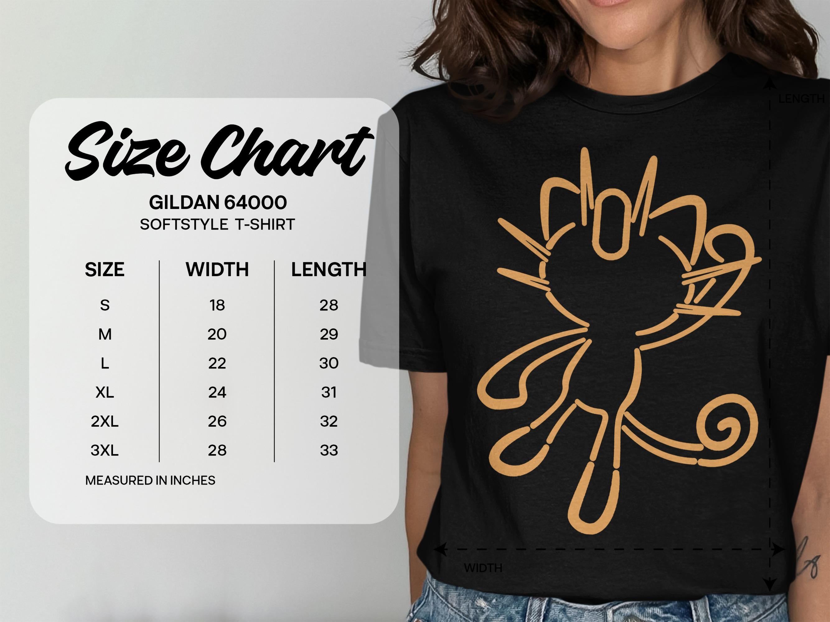 Gildan 64000 t-shirt size chart for men, S to 3XL.