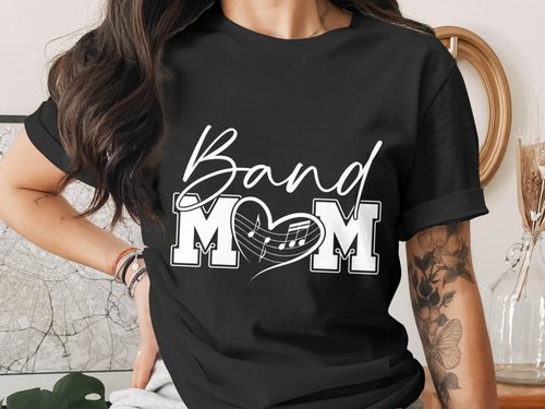 Black t-shirt with "Band Mom" in white script and heart music note design.