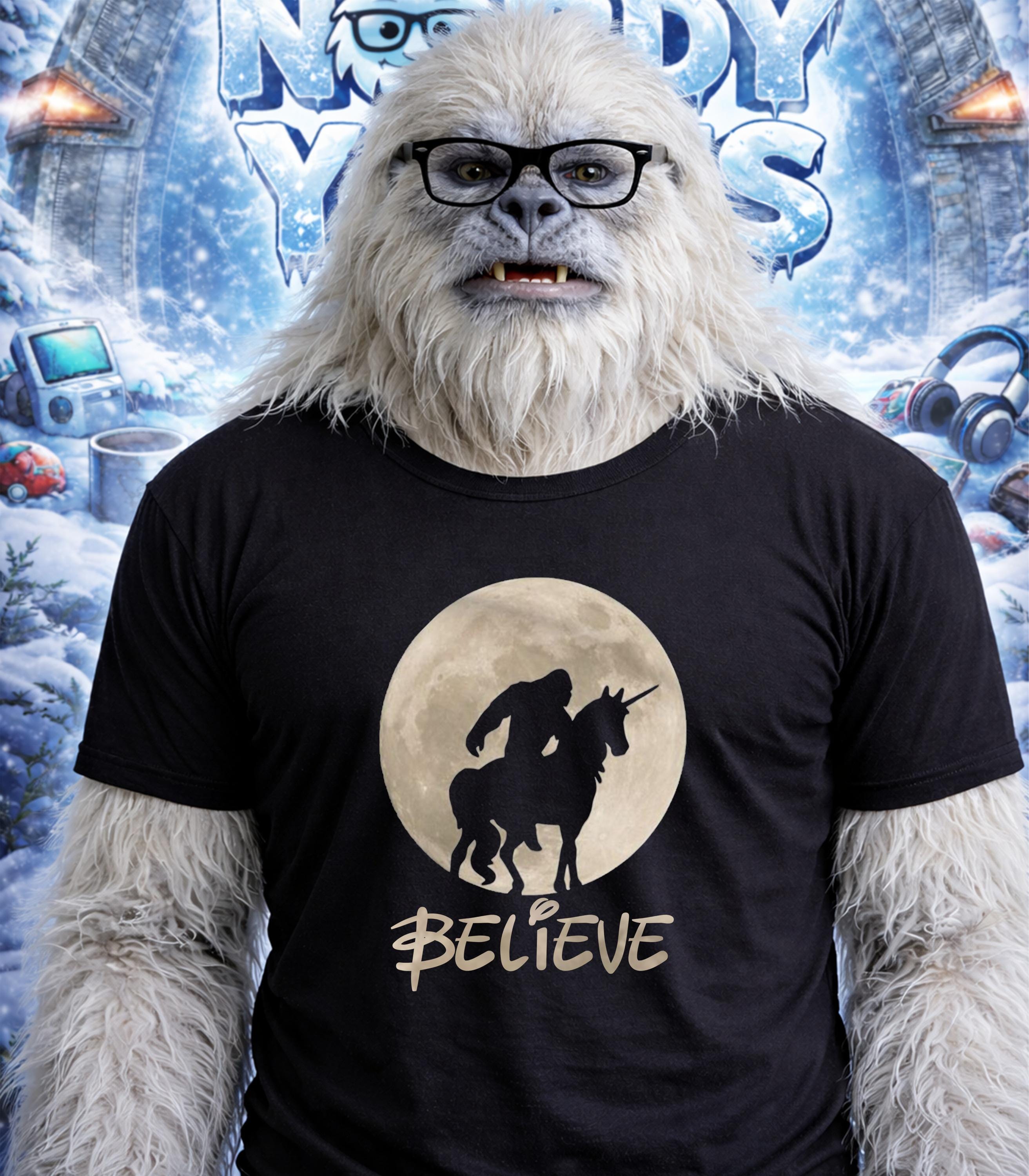 Yeti wearing glasses and a "Believe" t-shirt with Bigfoot on a moon.
