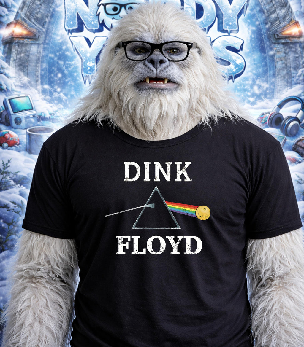 Yeti wearing glasses and a "Dink Floyd" t-shirt with a prism and smiley face.