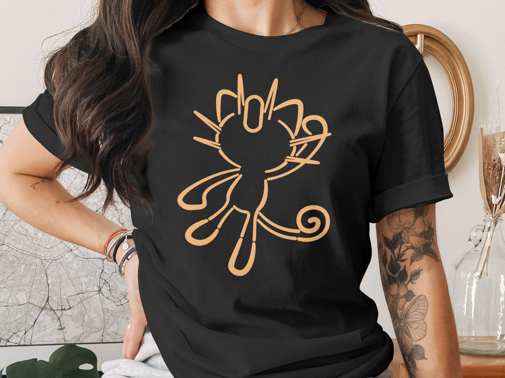 Black t-shirt with a minimalist outline of a cat in orange.