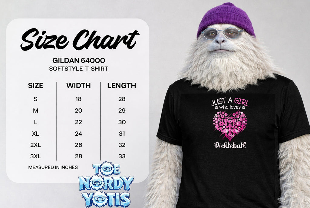 Gildan 64000 softstyle t-shirt size chart with pickleball graphic.