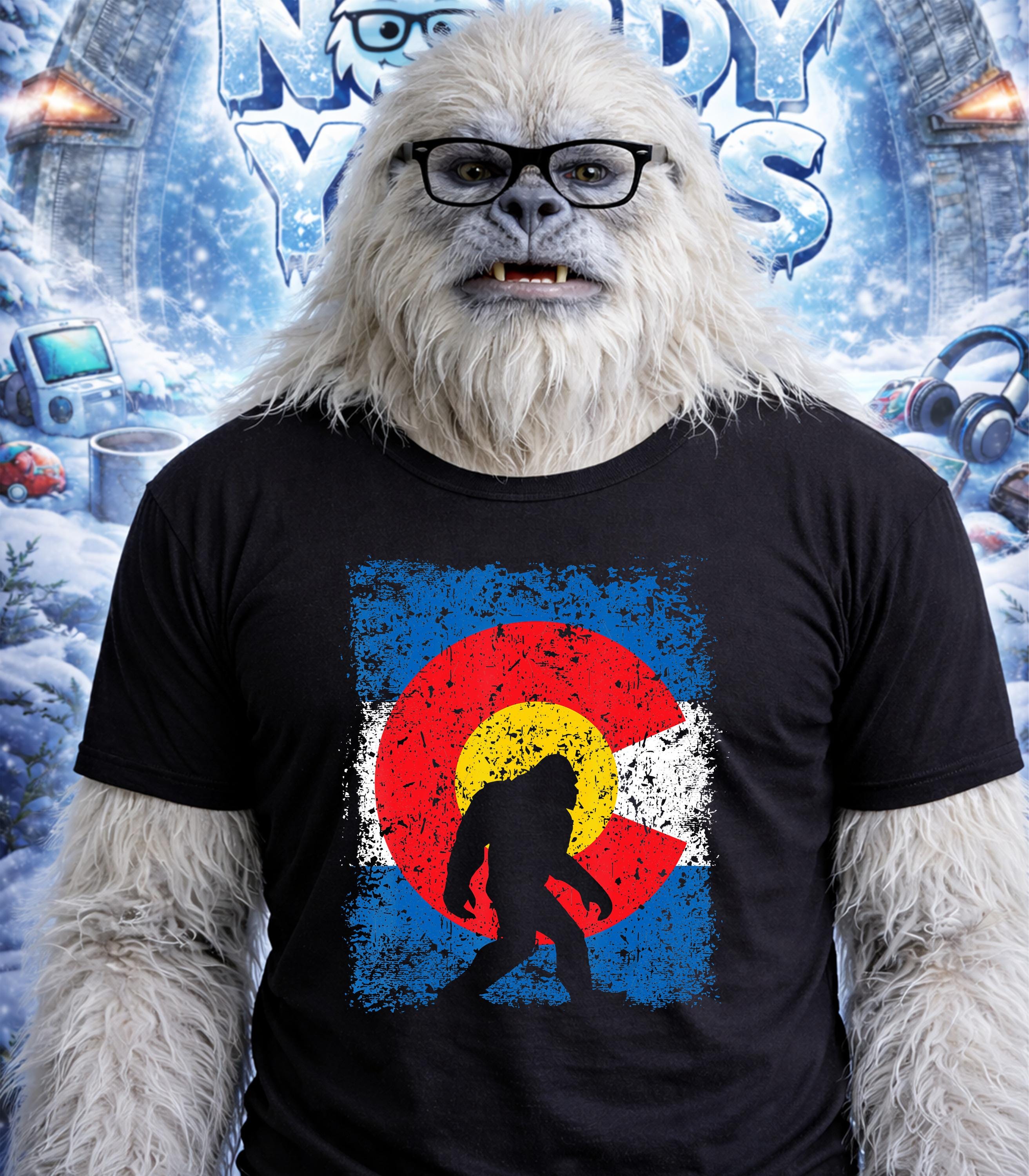 Yeti wearing a t-shirt with a distressed Colorado flag and Bigfoot silhouette.