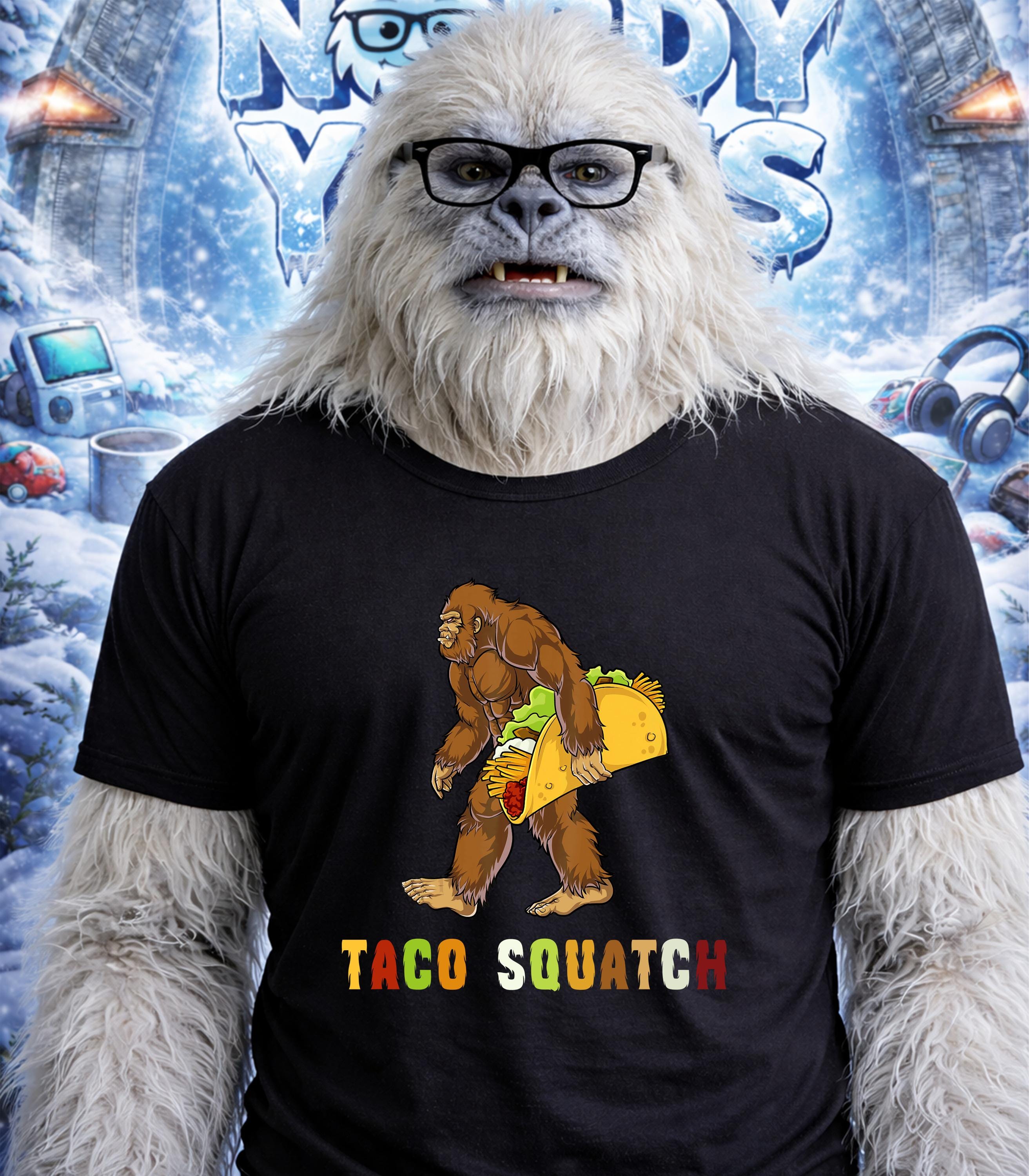 Yeti wearing "Taco Squatch" t-shirt with a taco graphic.