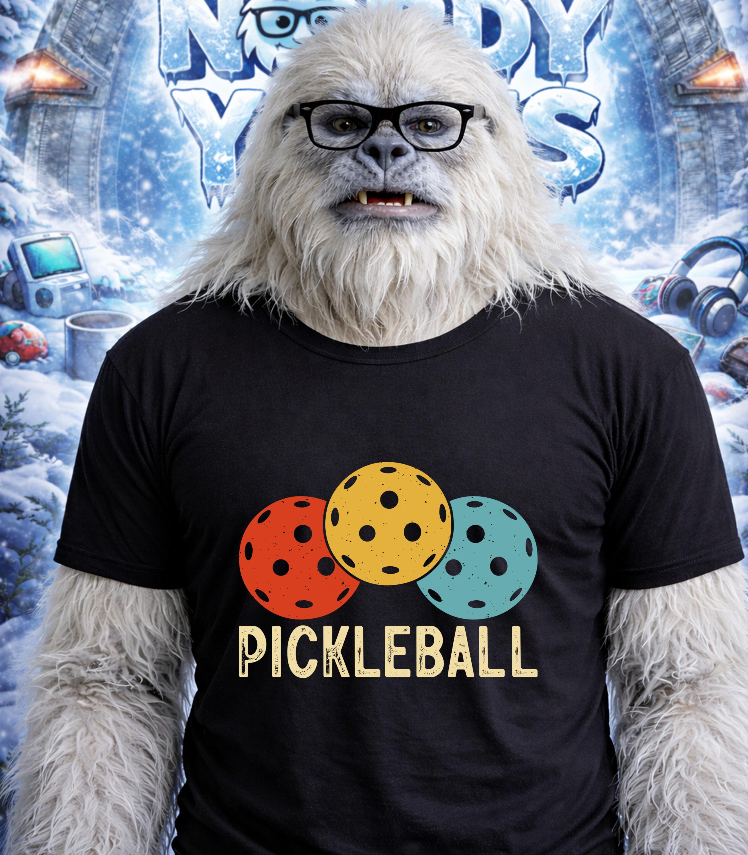 Yeti wearing glasses and a t-shirt with three pickleballs.