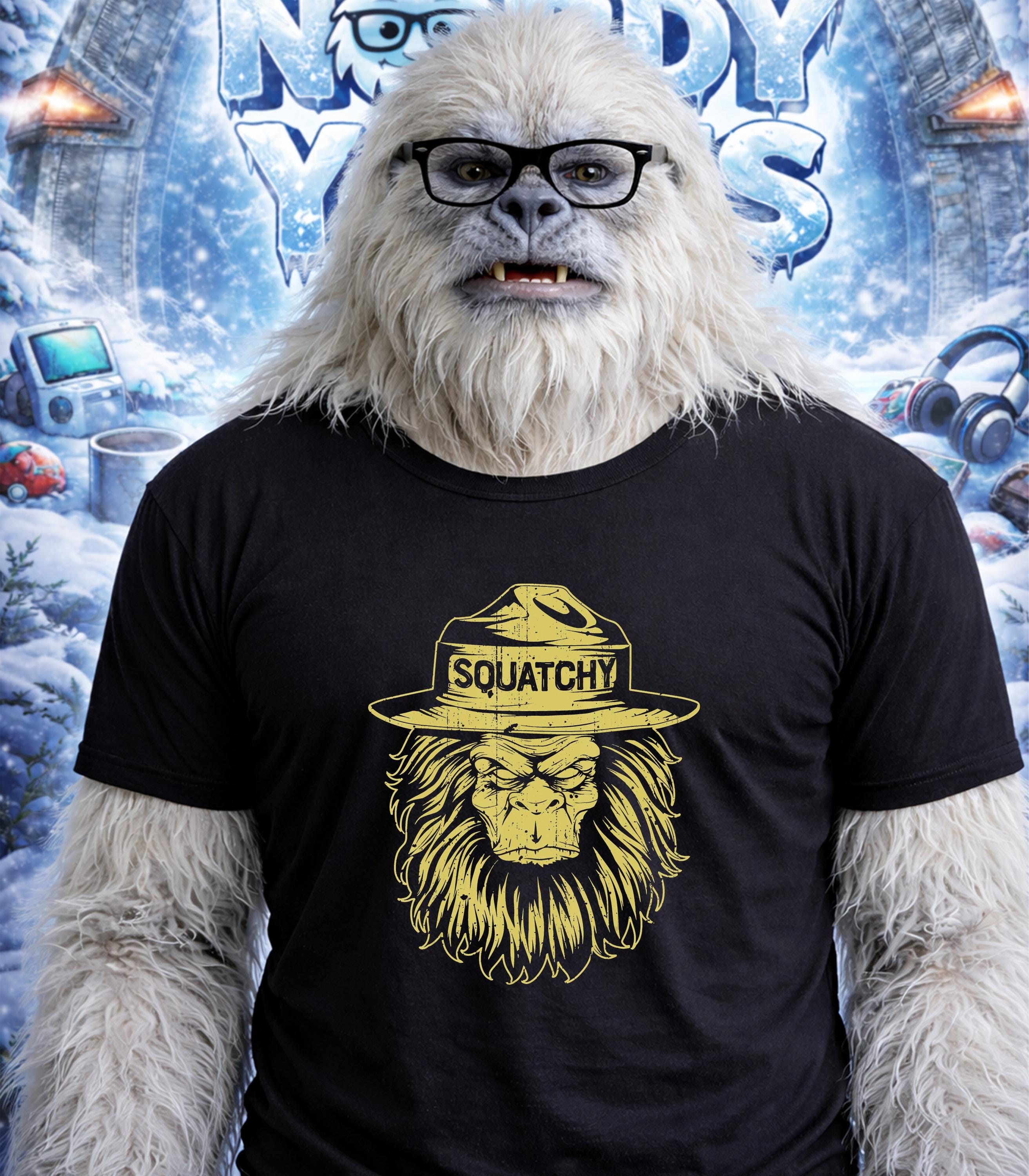 Yeti wearing glasses and a t-shirt with a yellow "Squatchy" graphic.