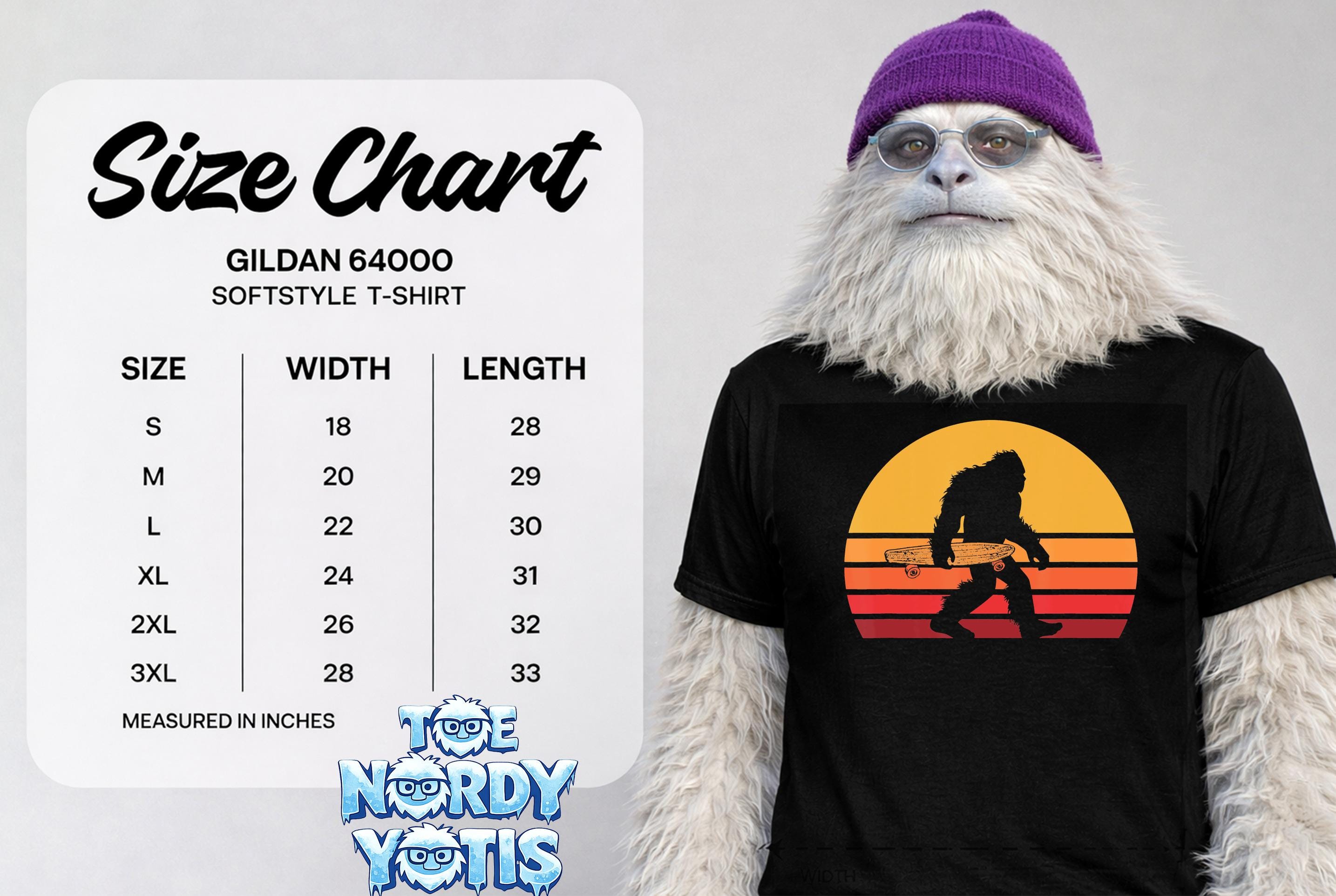 Gildan 64000 Softstyle T-shirt size chart with measurements in inches.