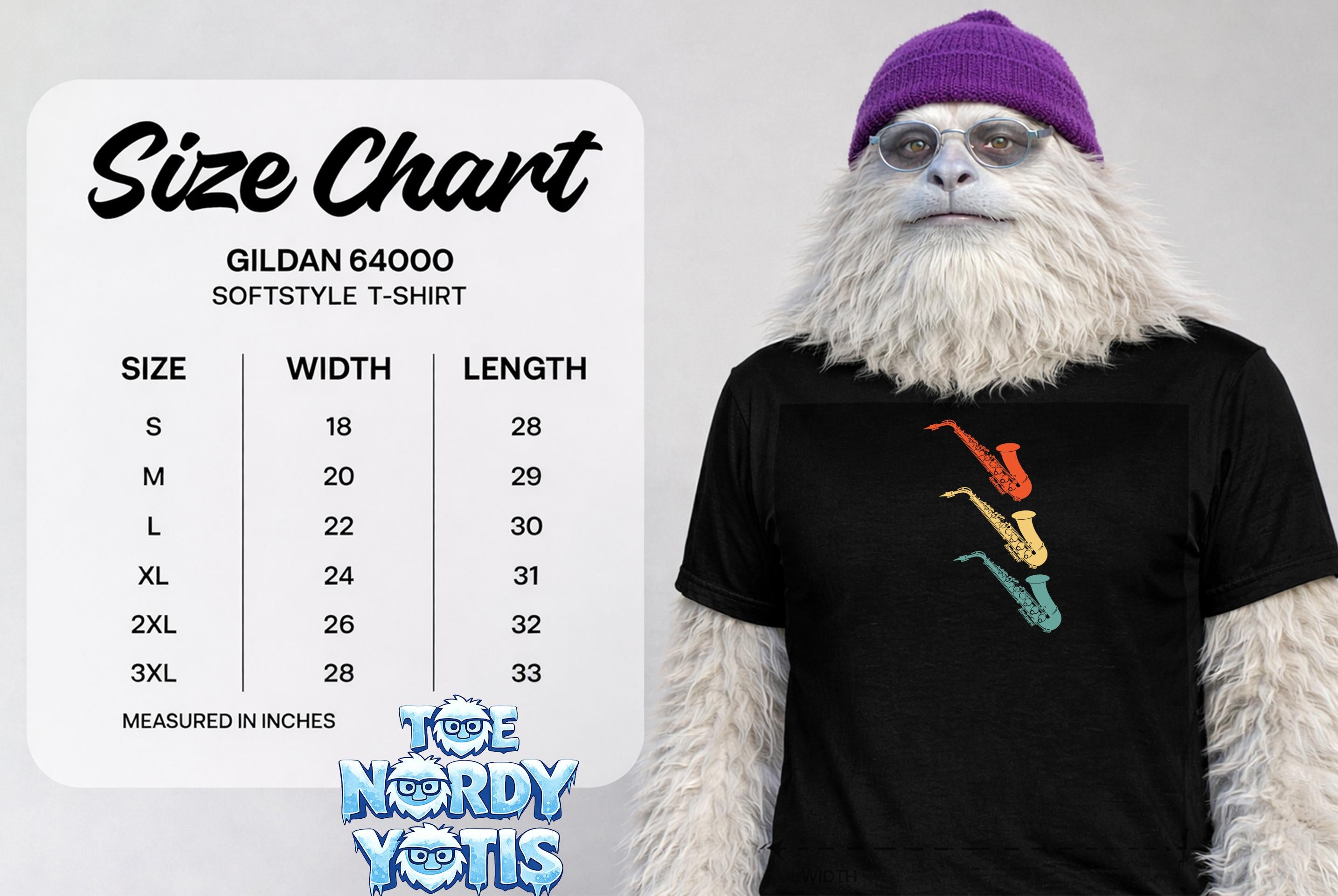 Gildan 64000 Softstyle T-Shirt size chart with measurements.