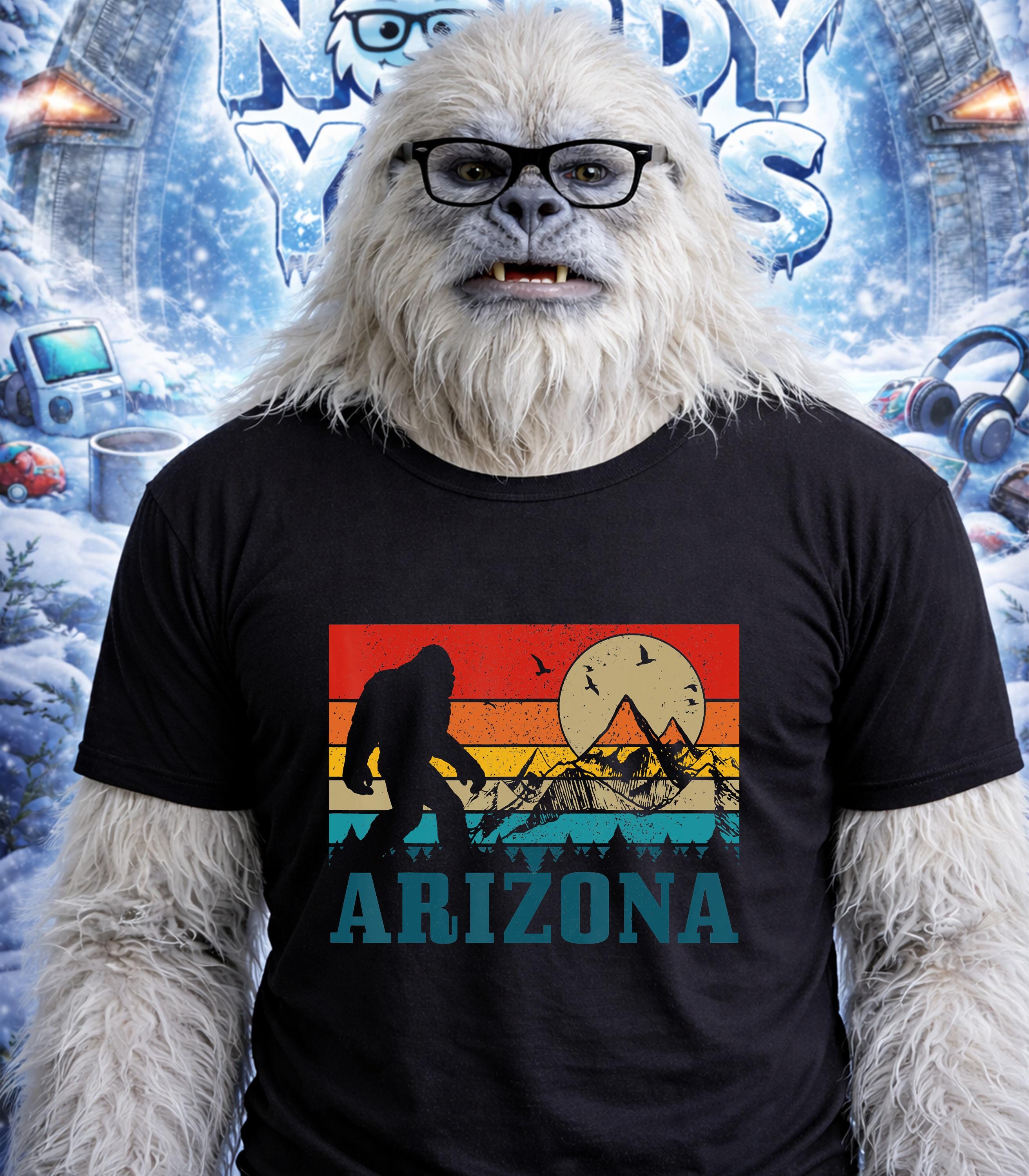 Yeti wearing glasses and t-shirt with vintage Arizona sunset graphic.