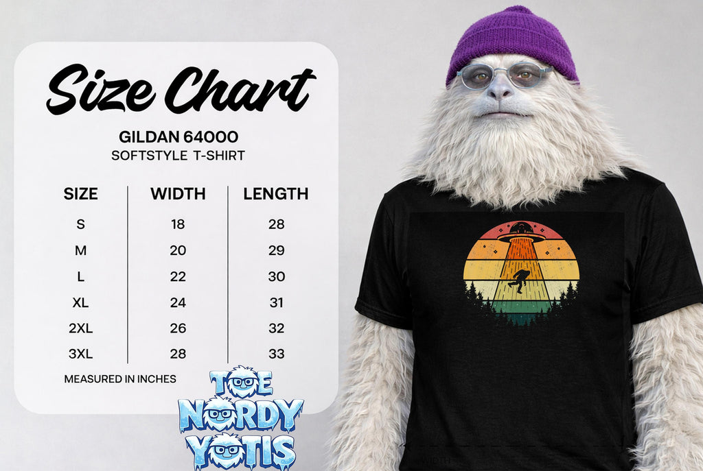 Gildan 64000 softstyle t-shirt size chart with measurements in inches.