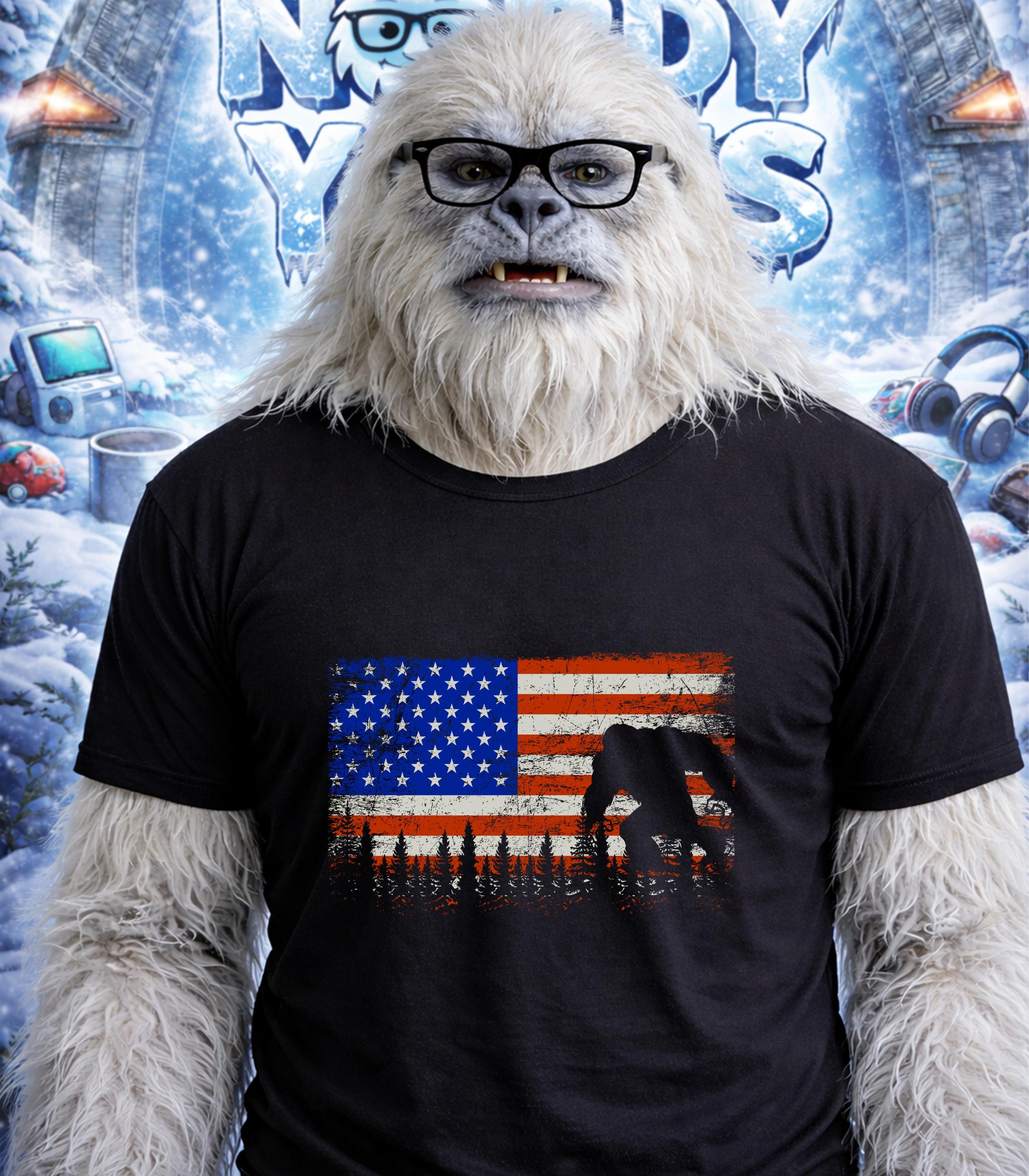 Yeti wearing glasses and a t-shirt with a distressed American flag and Bigfoot silhouette.