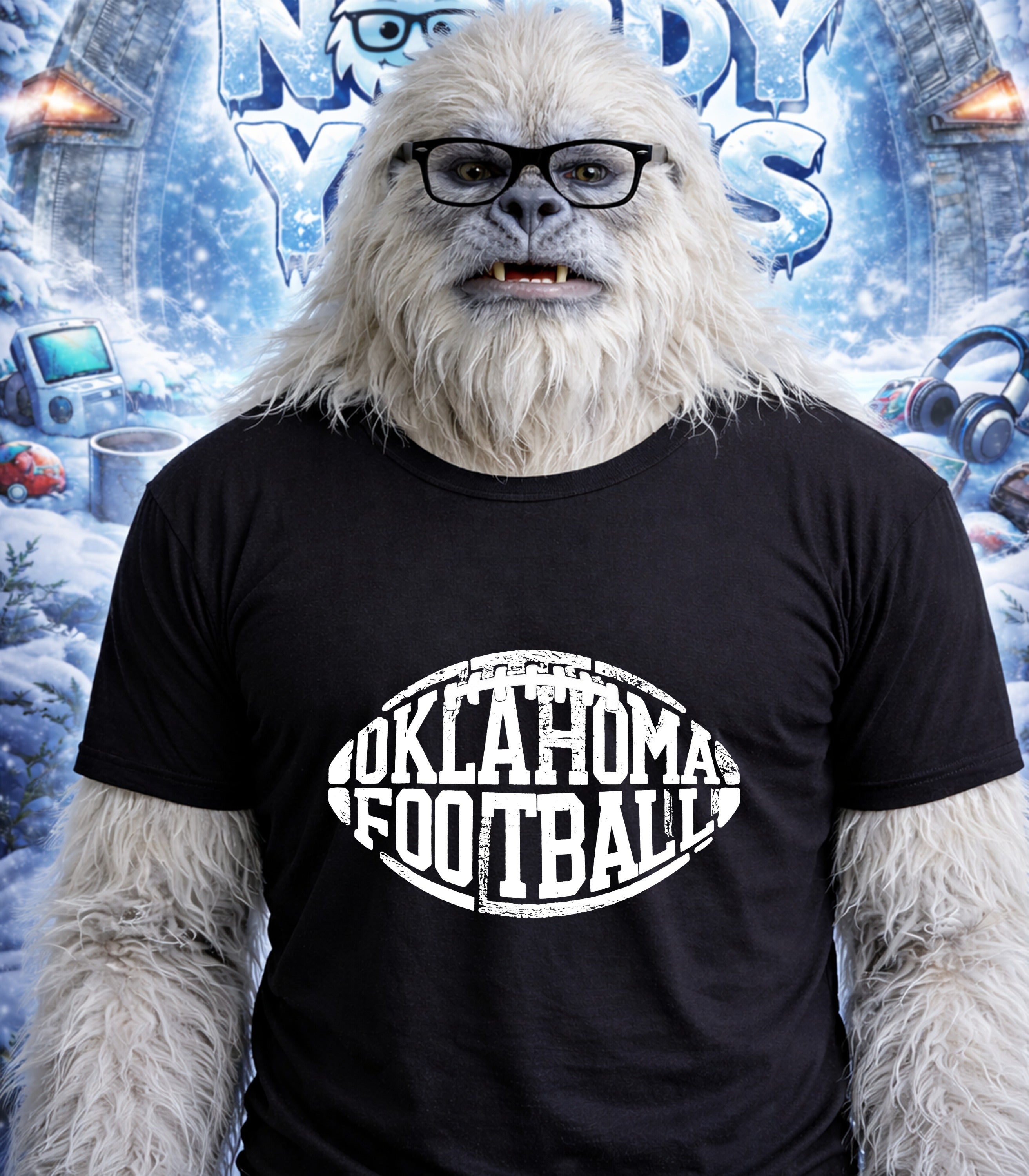 Yeti wearing glasses and an Oklahoma Football t-shirt.