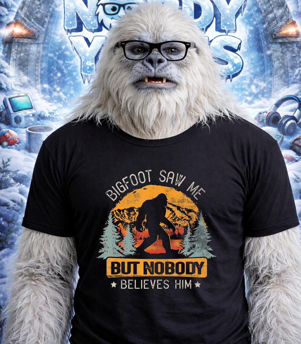 Yeti wearing glasses and black t-shirt with Bigfoot graphic and text.
