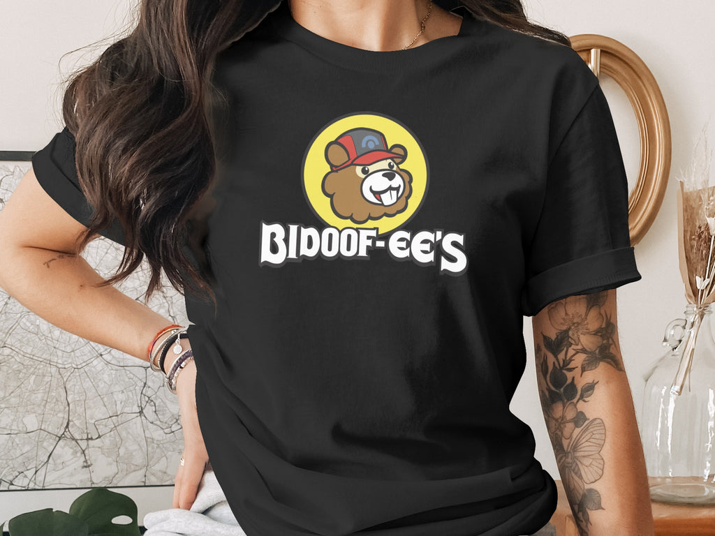 Black t-shirt with Bidoof-ee's logo featuring a beaver character.