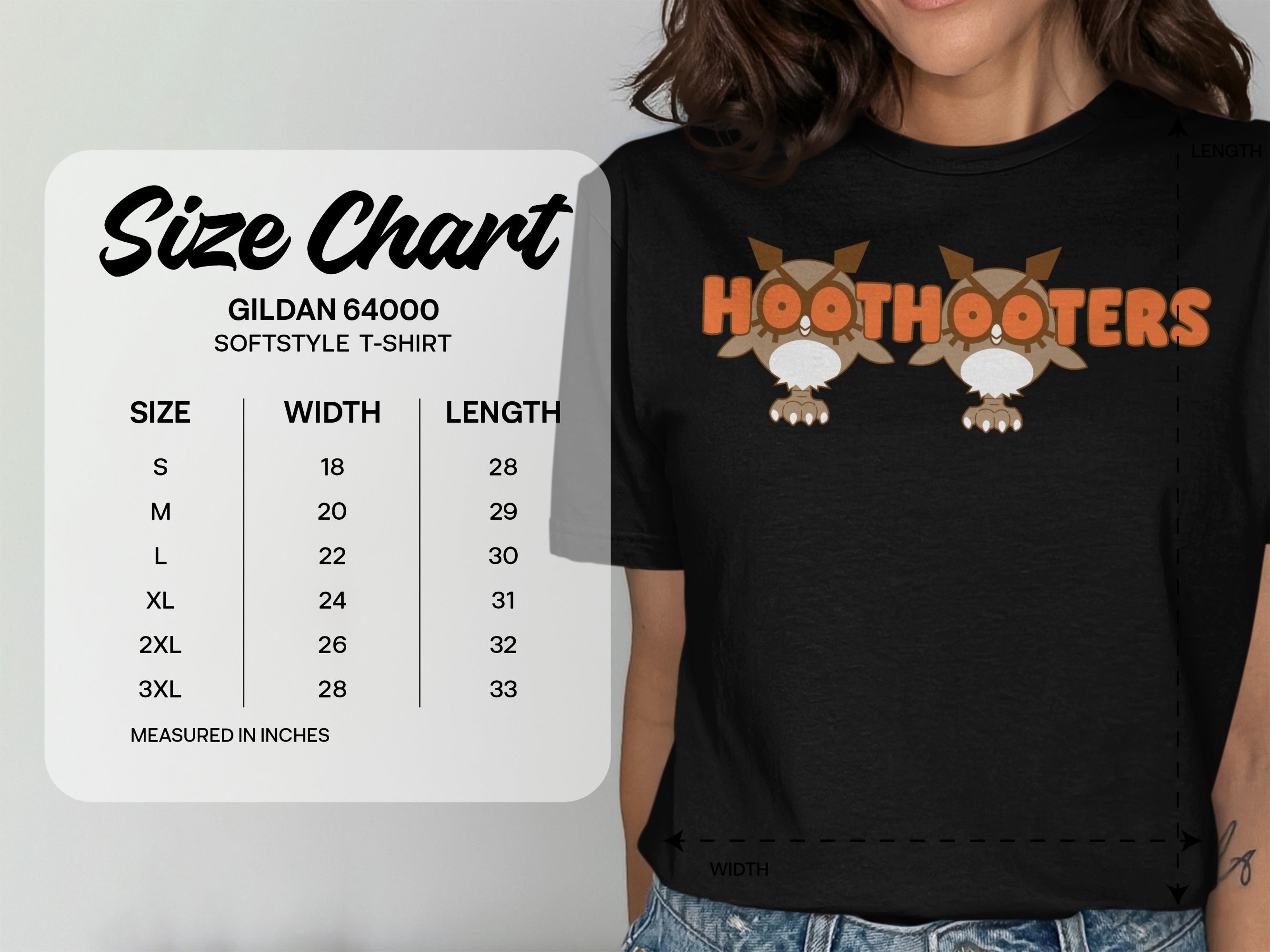 Gildan 64000 softstyle t-shirt size chart with width and length measurements.