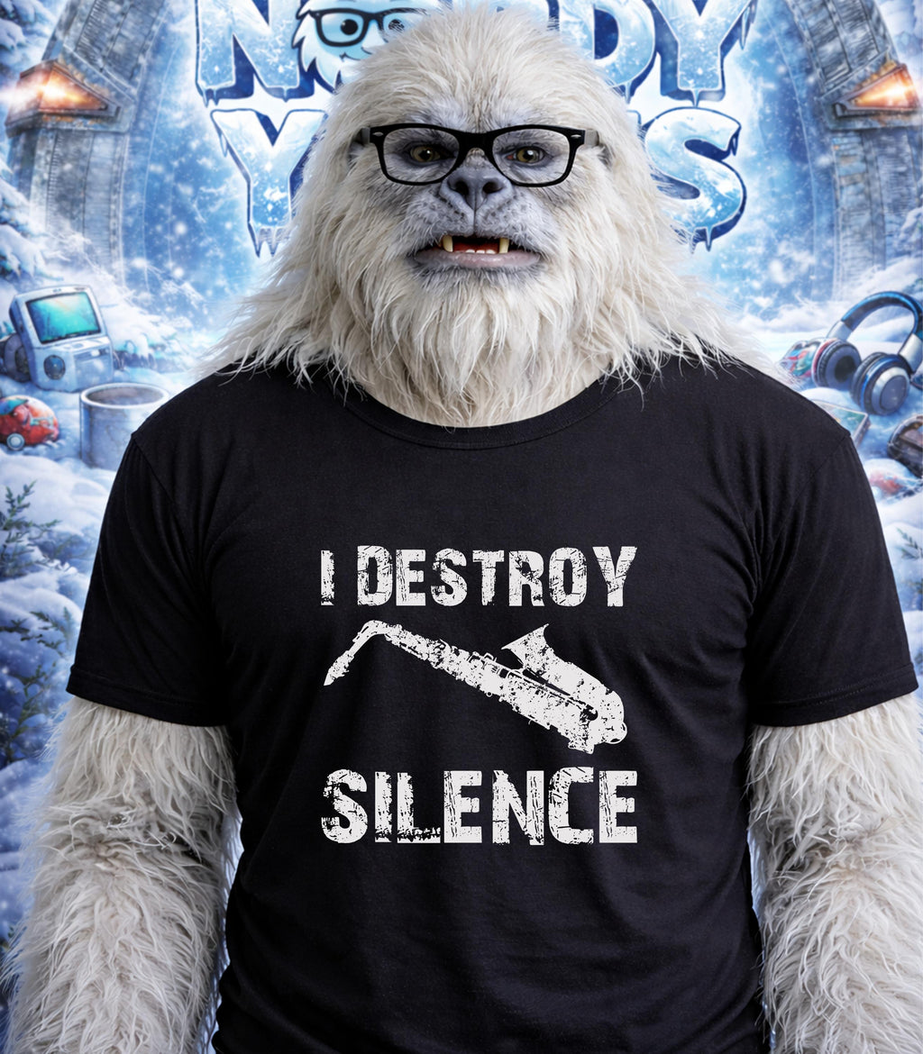 Yeti wearing glasses and a t-shirt with "I DESTROY SILENCE" and saxophone graphic.