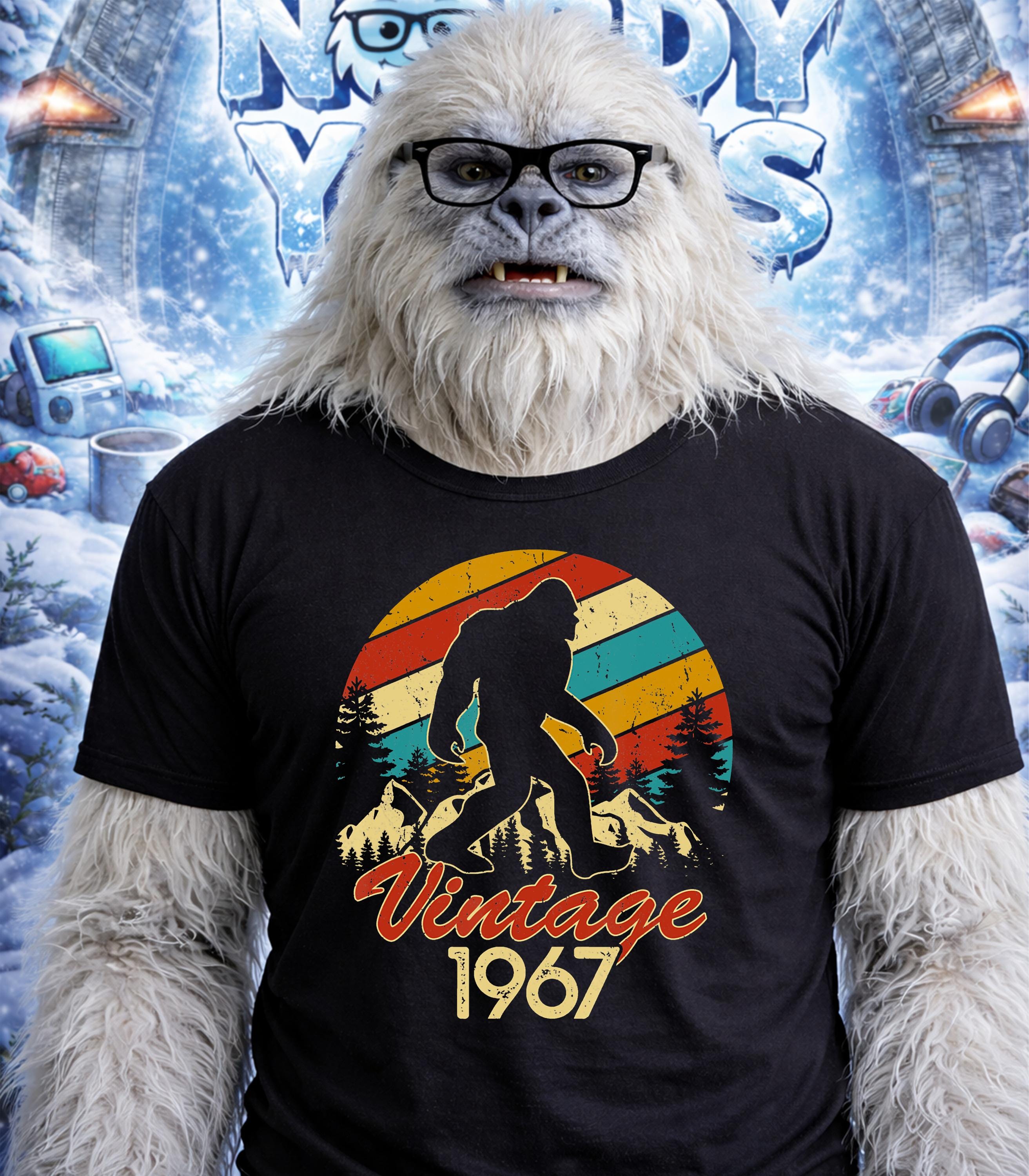 Yeti wearing glasses and a t-shirt with a vintage Bigfoot sunset graphic.