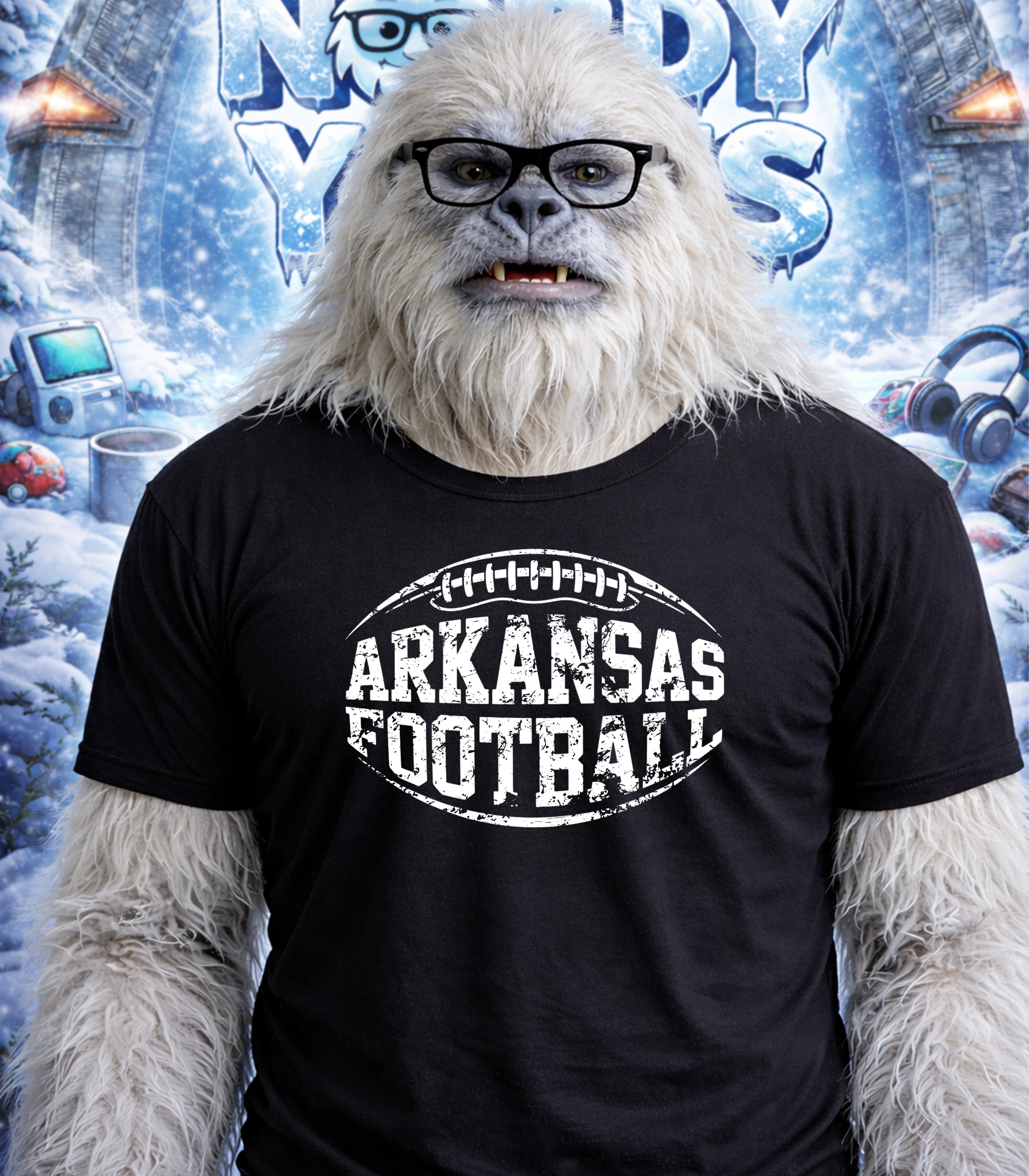 Yeti wearing glasses and a black t-shirt with "Arkansas Football" graphic.