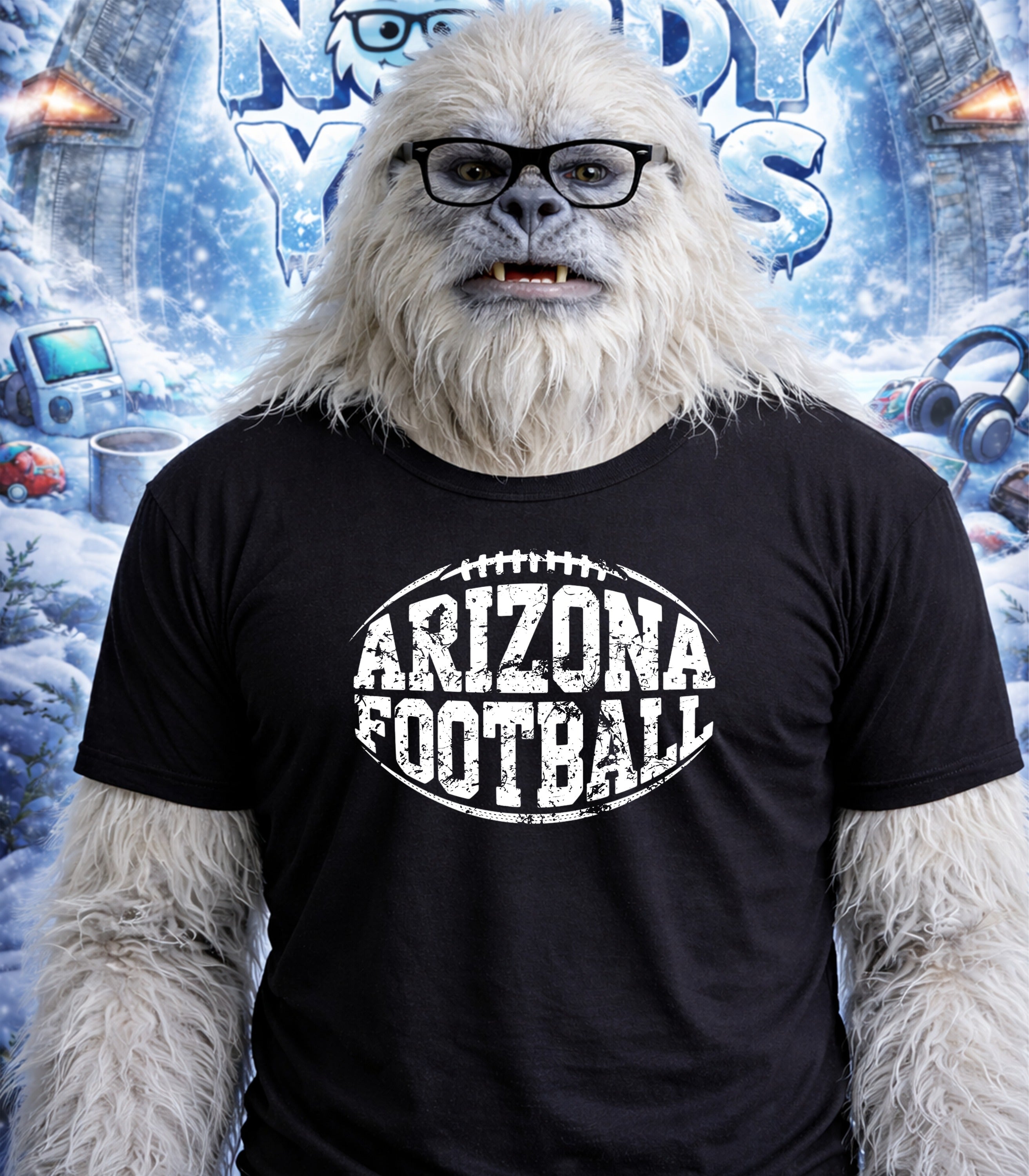 Yeti wearing glasses and a black t-shirt with "Arizona Football" text.