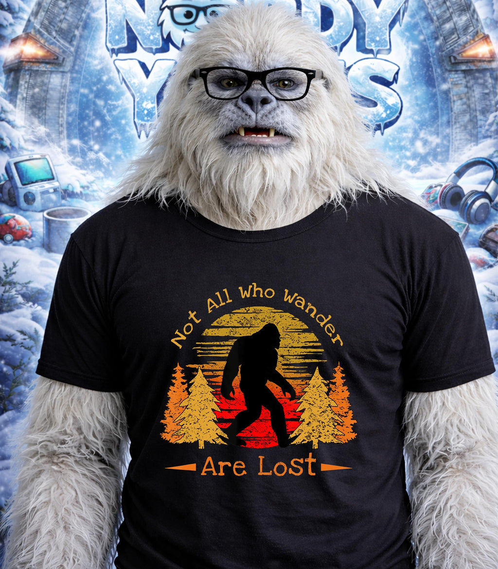 Yeti wearing glasses and a t-shirt with "Not All Who Wander Are Lost" text.
