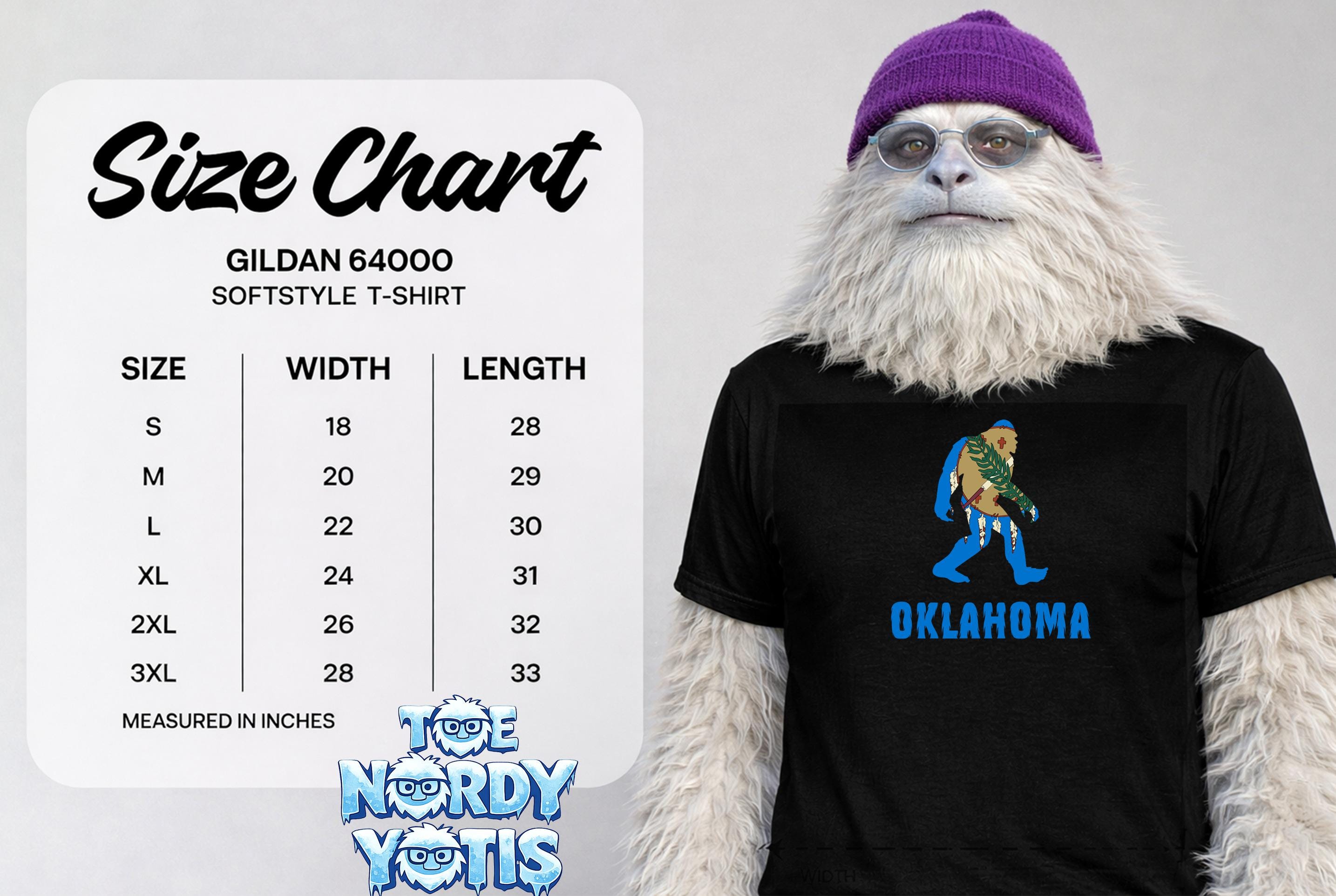 Gildan 64000 Softstyle T-shirt size chart with Oklahoma graphic.