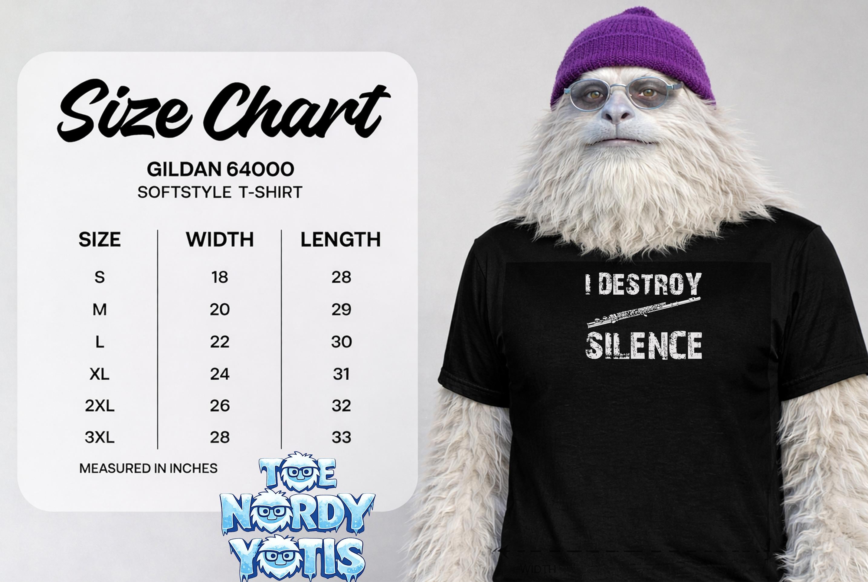 Gildan 64000 softstyle t-shirt size chart with "I Destroy Silence" graphic.